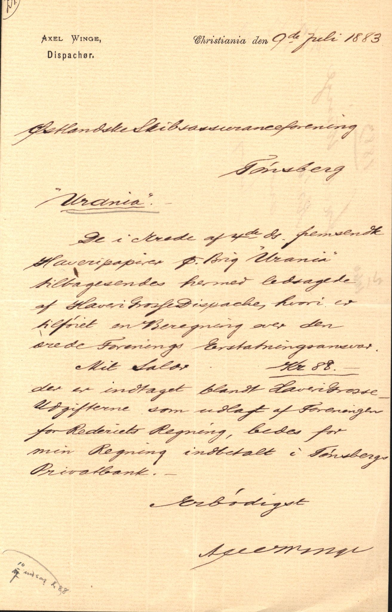 Pa 63 - Østlandske skibsassuranceforening, VEMU/A-1079/G/Ga/L0016/0012: Havaridokumenter / Urania, Tagal, Sir John Lawrence, Benguela, 1883, p. 2