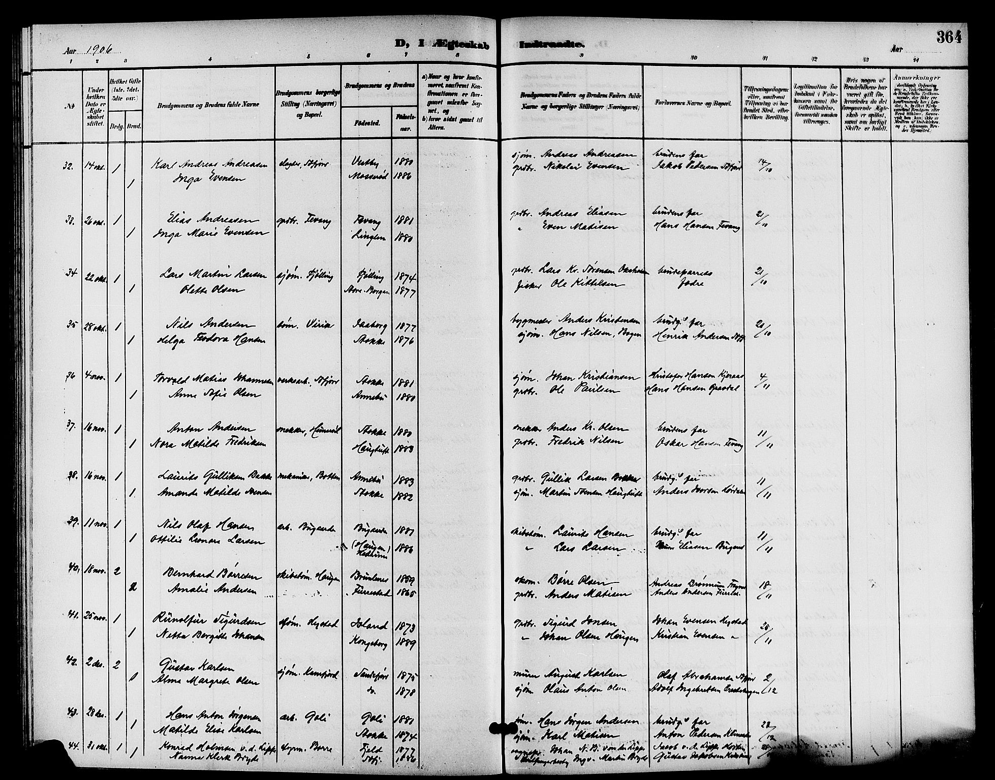 Sandar kirkebøker, SAKO/A-243/G/Ga/L0002: Parish register (copy) no. 2, 1900-1915, p. 364