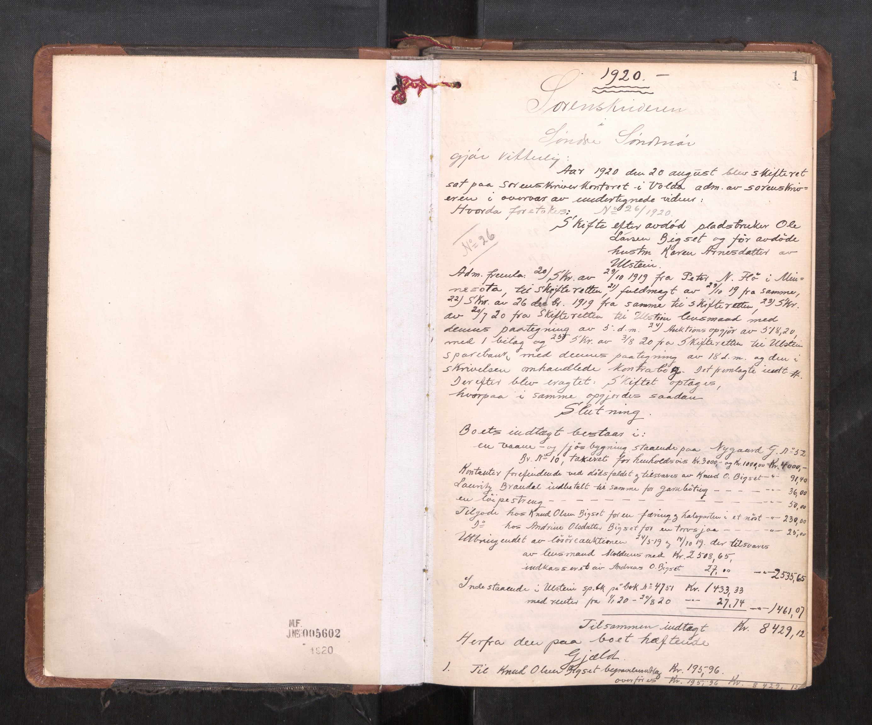 Søre Sunnmøre sorenskriveri, AV/SAT-A-4122/1/3/3A/L0024: Skifte- / Skifteutloddings- / Skifteslutningsprotokollar, 1920-1924, p. 1a