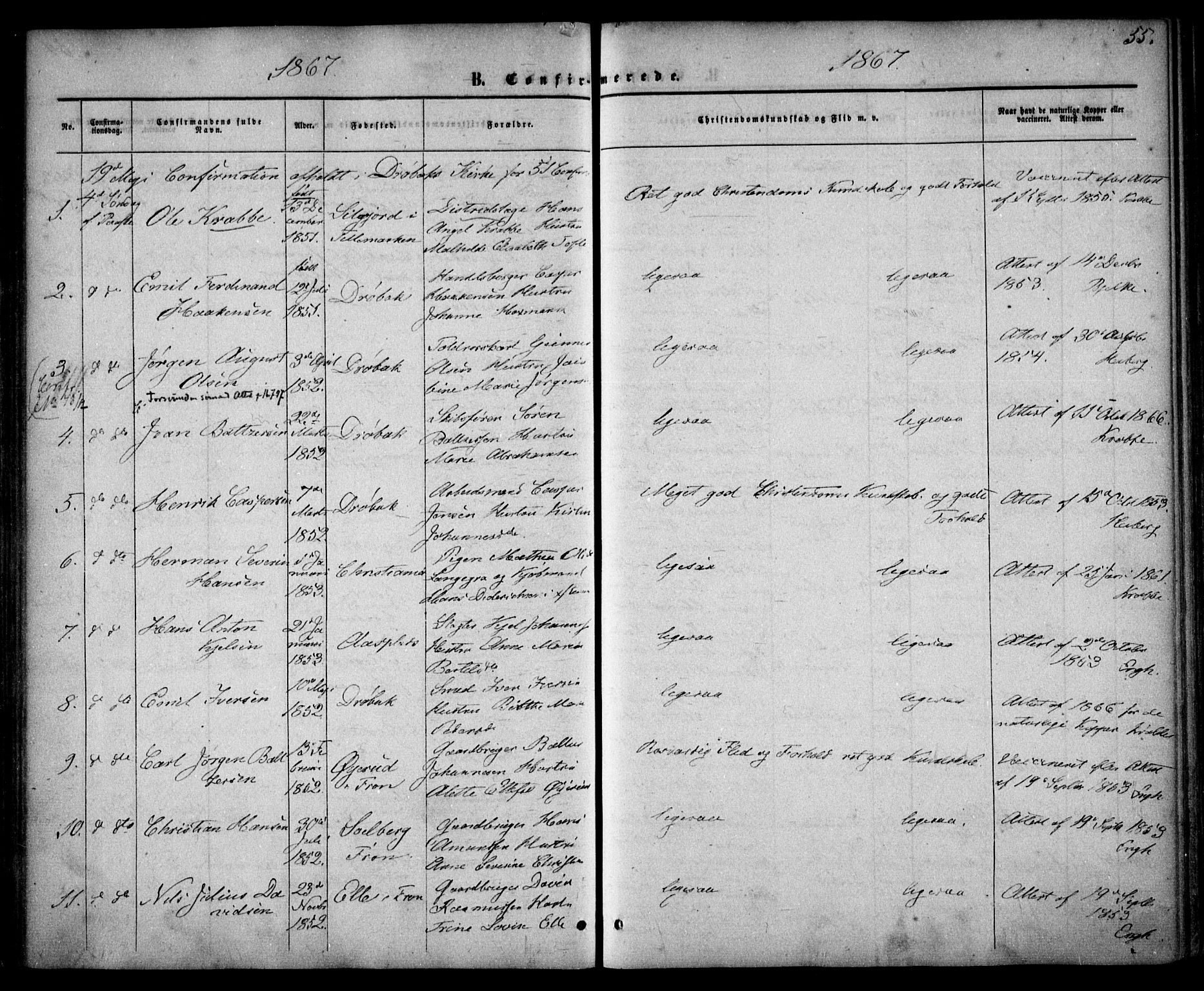 Drøbak prestekontor Kirkebøker, SAO/A-10142a/F/Fa/L0002: Parish register (official) no. I 2, 1858-1870, p. 55