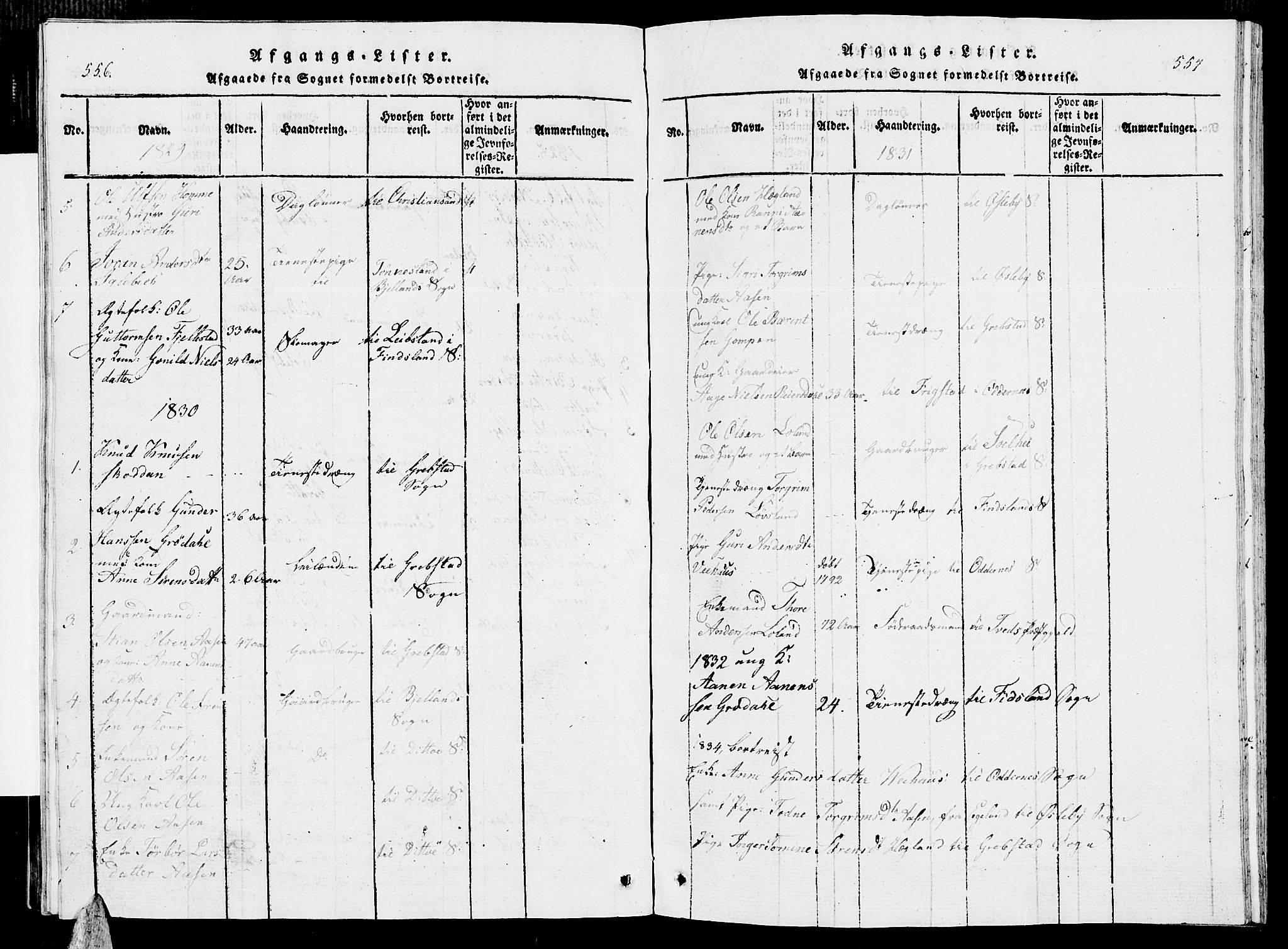 Vennesla sokneprestkontor, SAK/1111-0045/Fb/Fbc/L0001: Parish register (copy) no. B 1, 1820-1834, p. 556-557