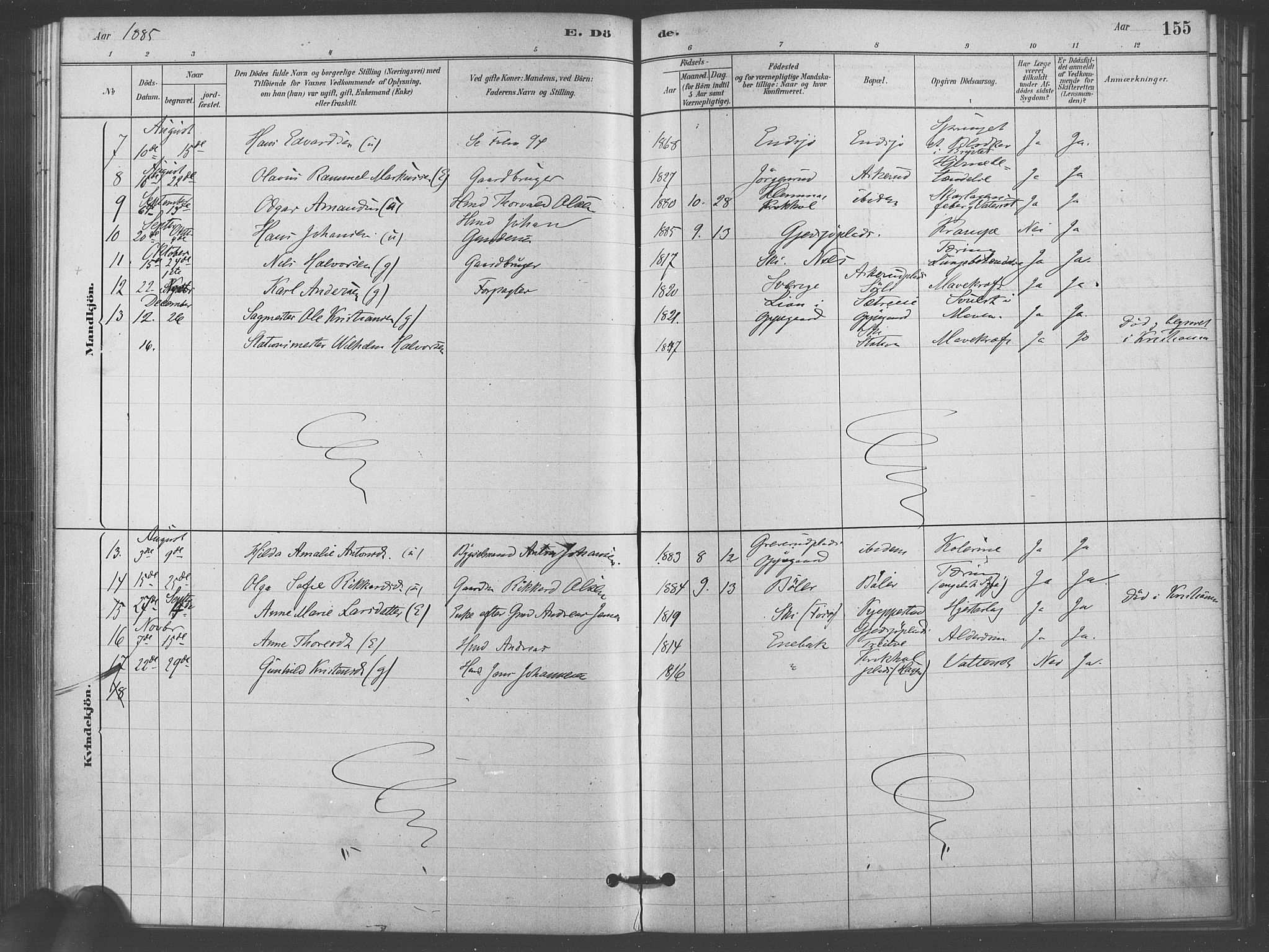 Kråkstad prestekontor Kirkebøker, AV/SAO-A-10125a/F/Fb/L0001: Parish register (official) no. II 1, 1880-1892, p. 155