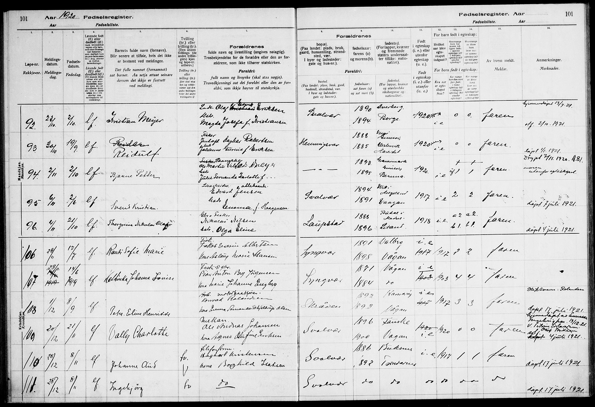 Ministerialprotokoller, klokkerbøker og fødselsregistre - Nordland, AV/SAT-A-1459/874/L1089: Birth register no. 874.II.4.1, 1916-1926, p. 101