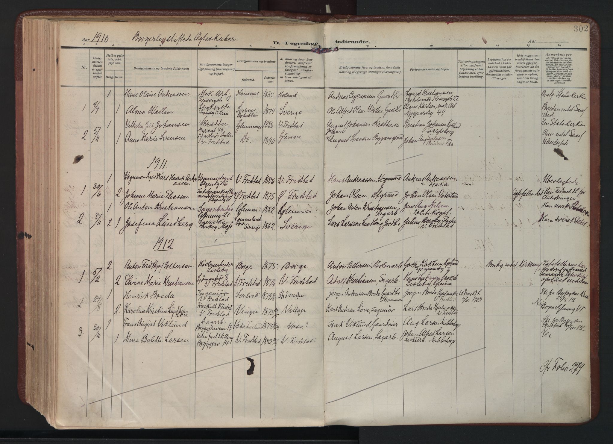 Fredrikstad domkirkes prestekontor Kirkebøker, AV/SAO-A-10906/F/Fa/L0009: Parish register (official) no. 9, 1908-1946, p. 302