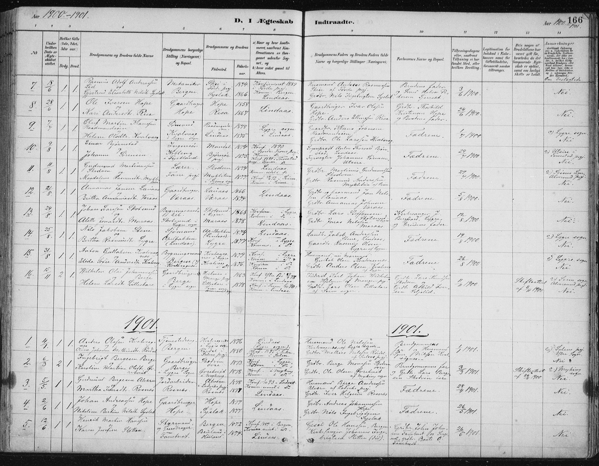 Lindås Sokneprestembete, SAB/A-76701/H/Hab: Parish register (copy) no. B 3, 1886-1914, p. 166