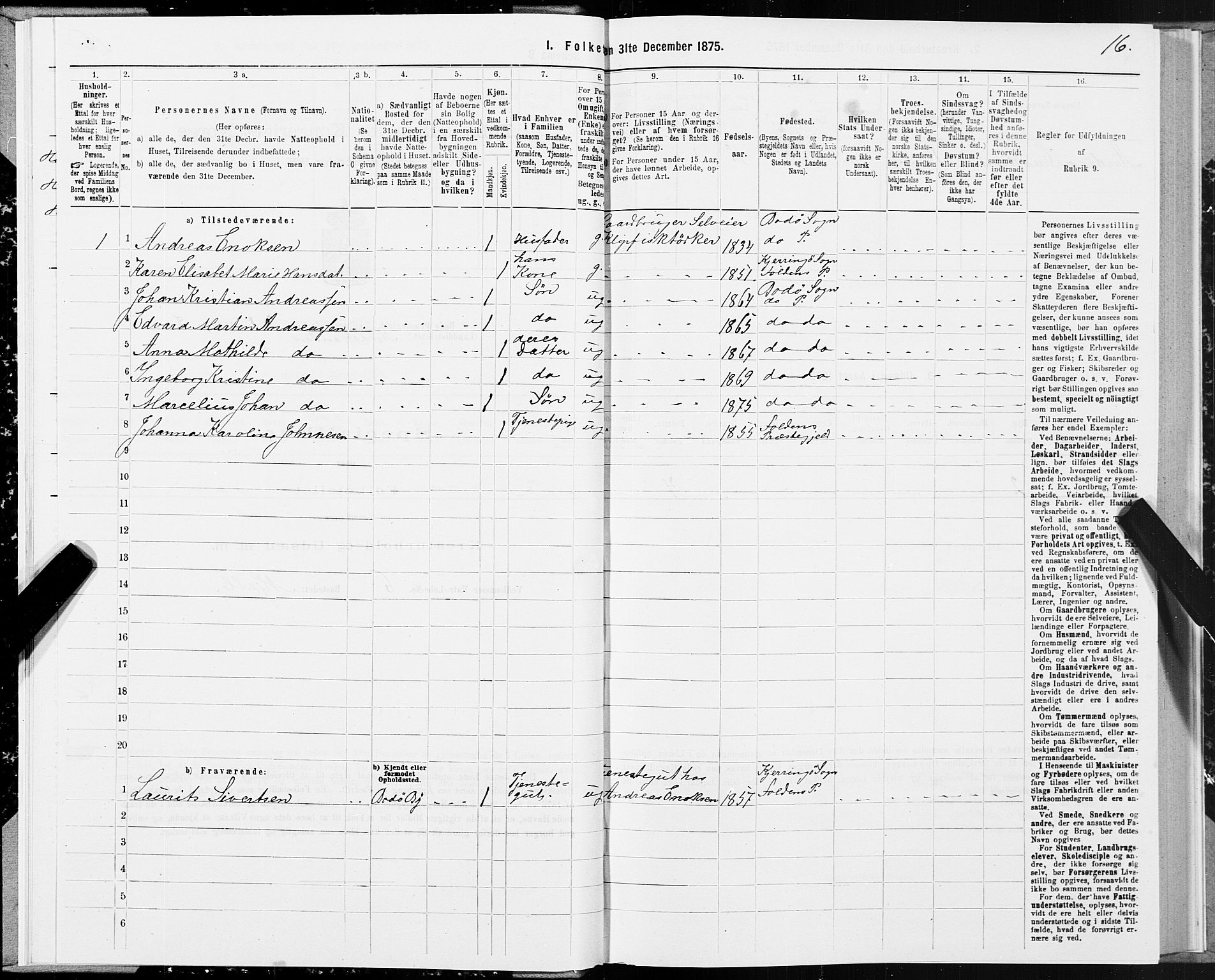 SAT, 1875 census for 1843L Bodø/Bodø, 1875, p. 1016