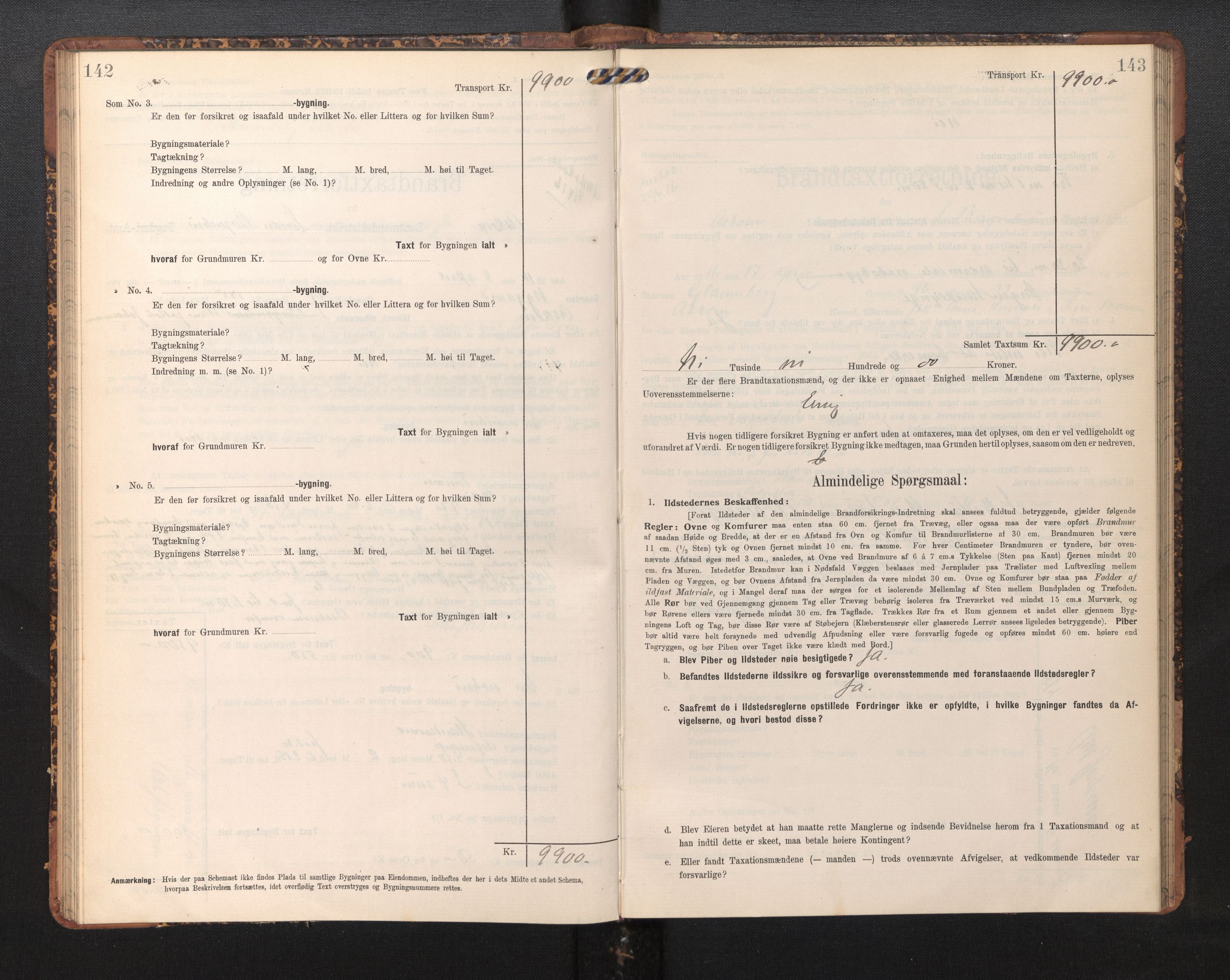 Lensmannen i Askøy, AV/SAB-A-31001/0012/L0006: Branntakstprotokoll, skjematakst, Laksevåg, 1907-1917, p. 142-143