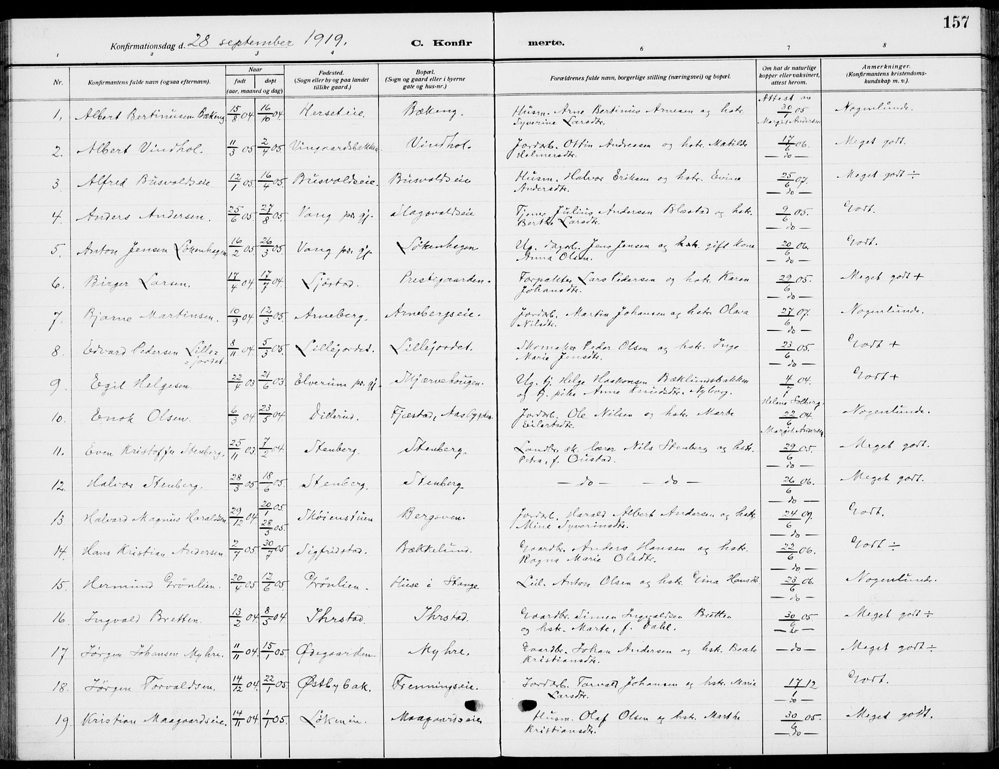 Romedal prestekontor, SAH/PREST-004/K/L0012: Parish register (official) no. 12, 1913-1935, p. 157