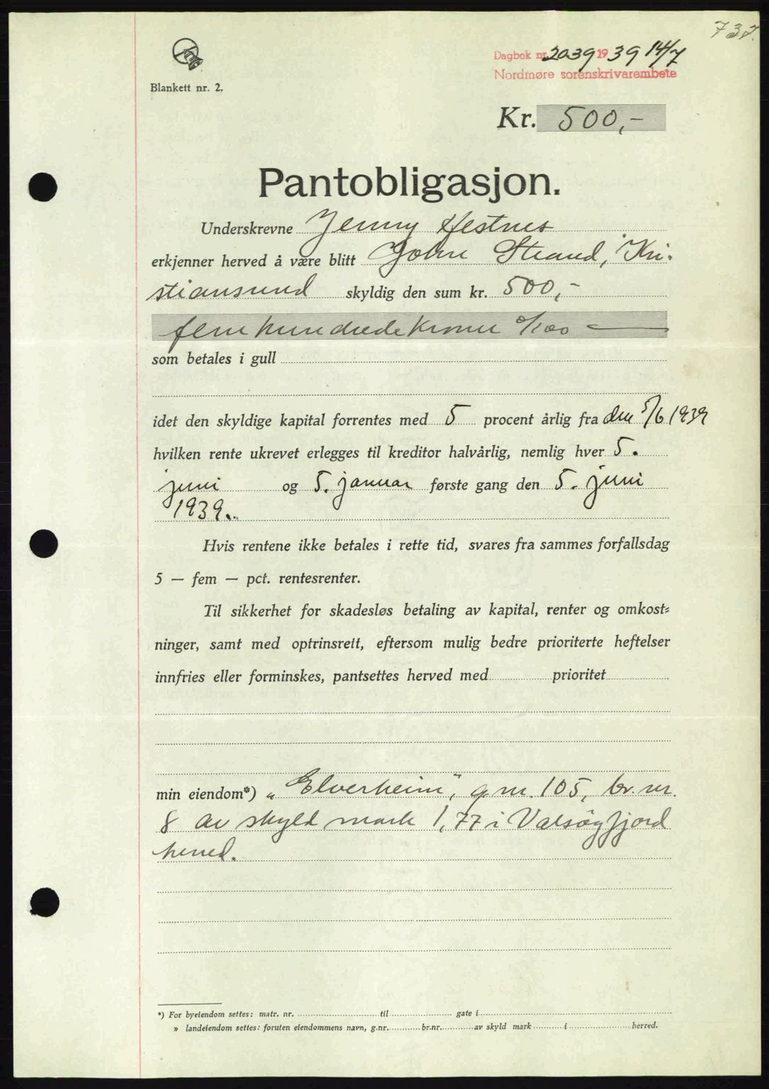 Nordmøre sorenskriveri, AV/SAT-A-4132/1/2/2Ca: Mortgage book no. B85, 1939-1939, Diary no: : 2039/1939