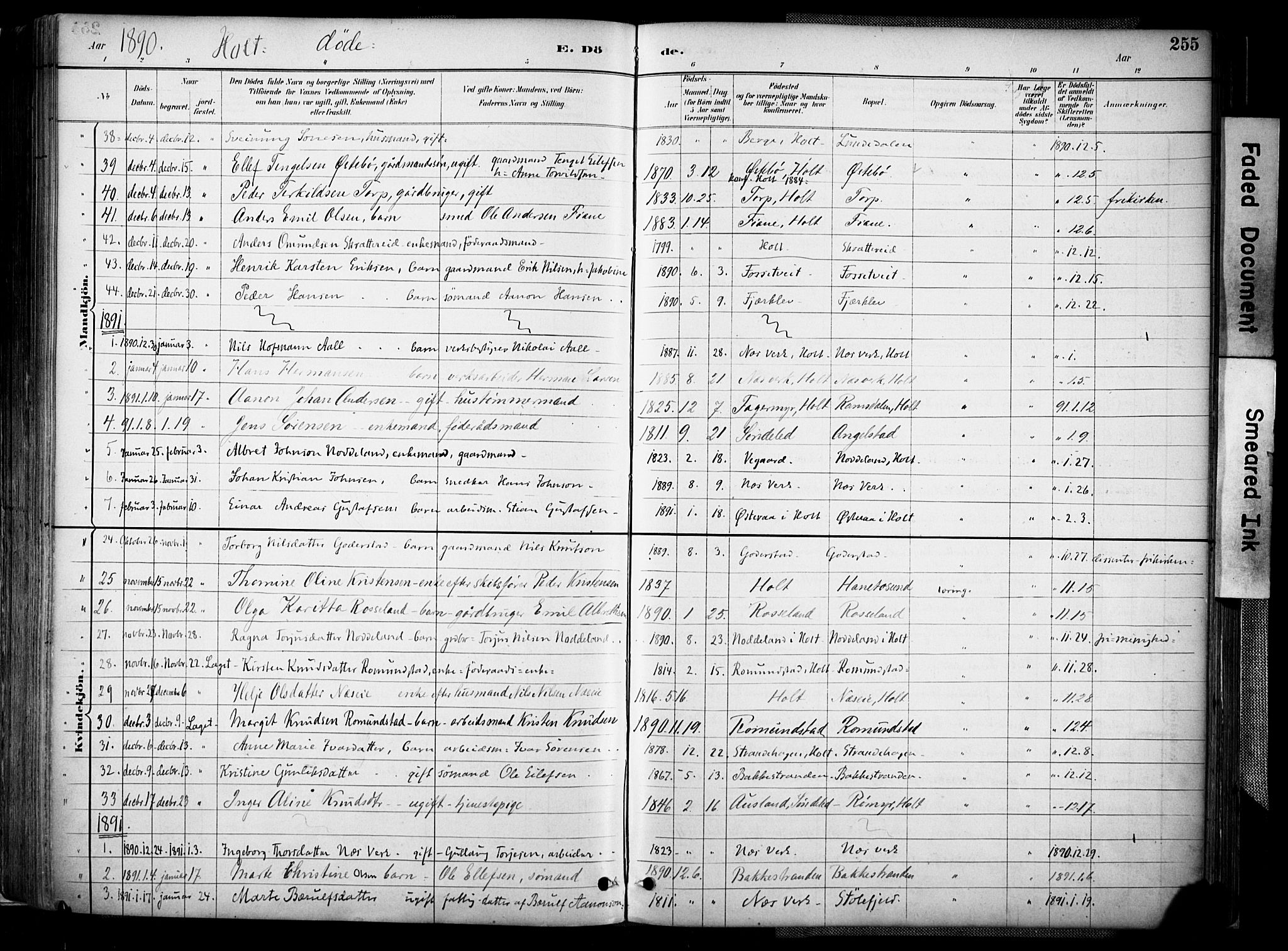 Holt sokneprestkontor, AV/SAK-1111-0021/F/Fa/L0012: Parish register (official) no. A 12, 1885-1907, p. 255