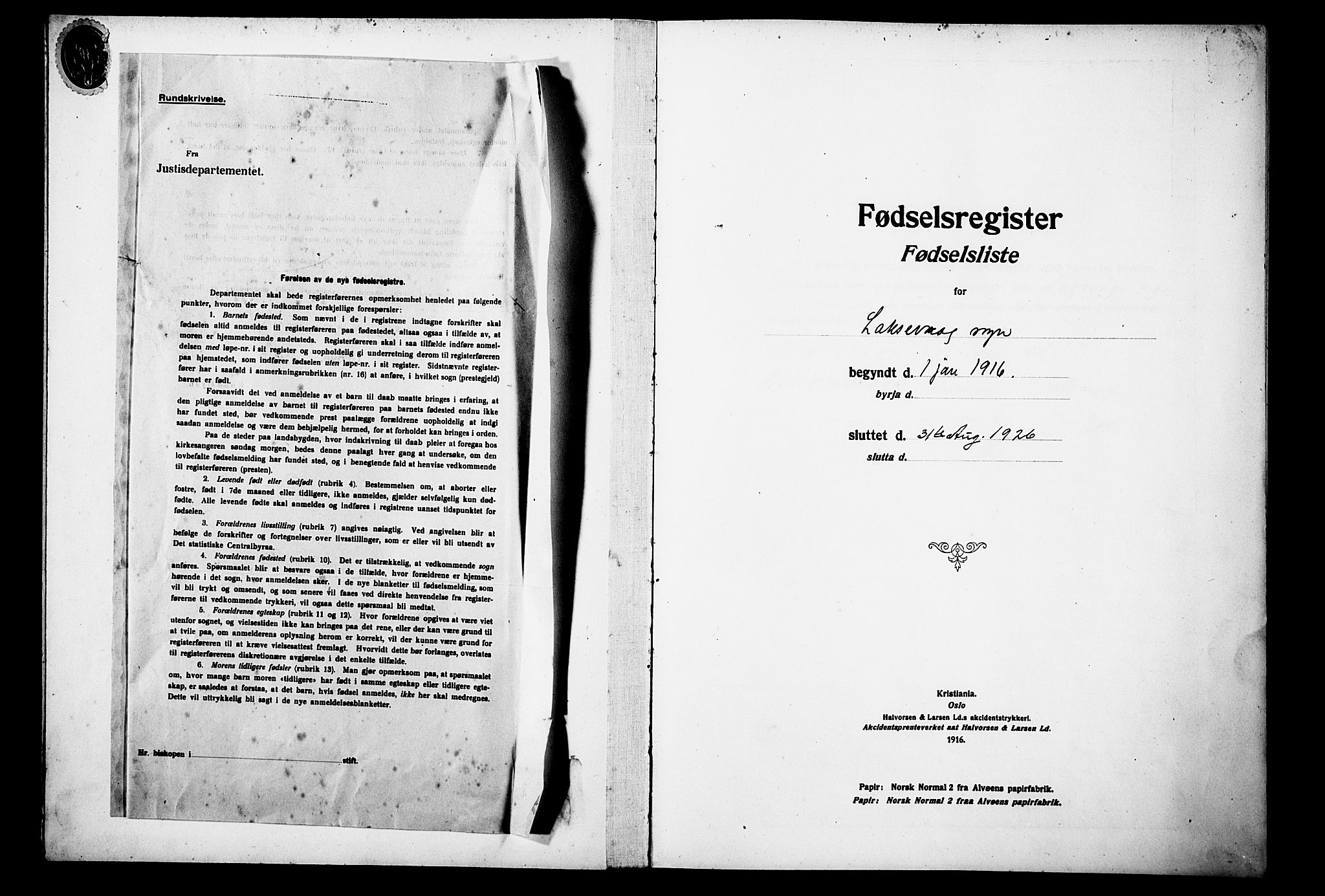 Laksevåg Sokneprestembete, SAB/A-76501/I/Id/L00A1: Birth register no. A 1, 1916-1926
