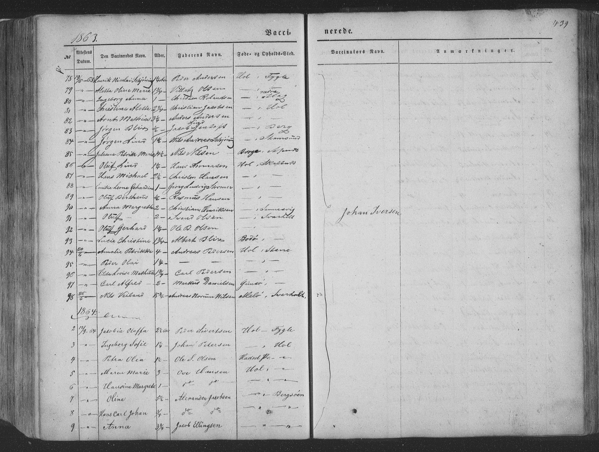 Ministerialprotokoller, klokkerbøker og fødselsregistre - Nordland, AV/SAT-A-1459/881/L1165: Parish register (copy) no. 881C02, 1854-1876, p. 439