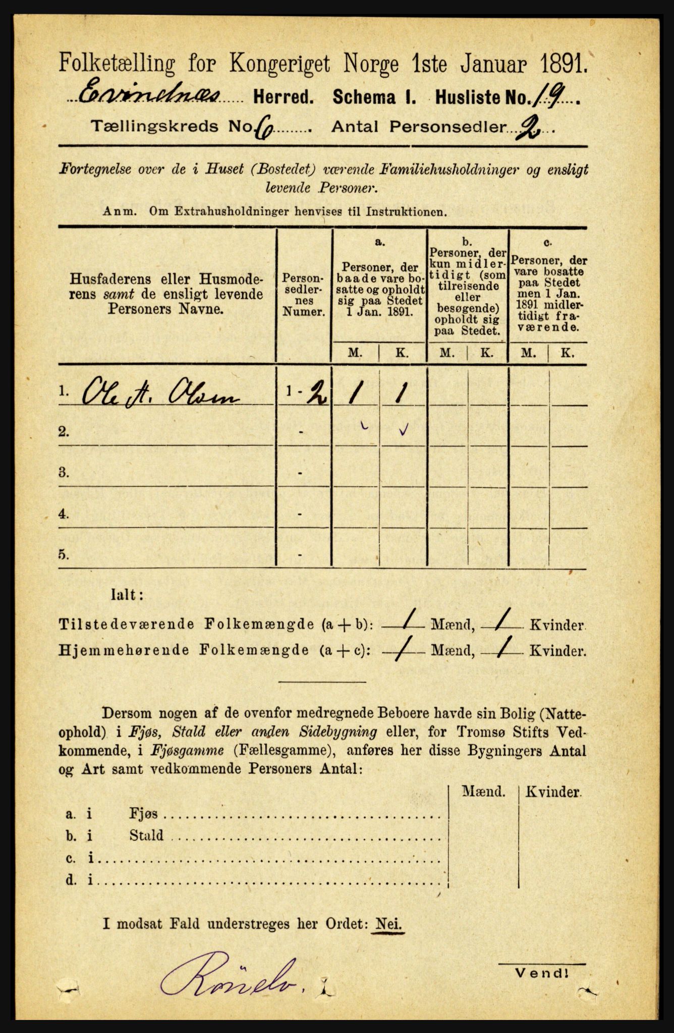 RA, 1891 census for 1853 Evenes, 1891, p. 1903