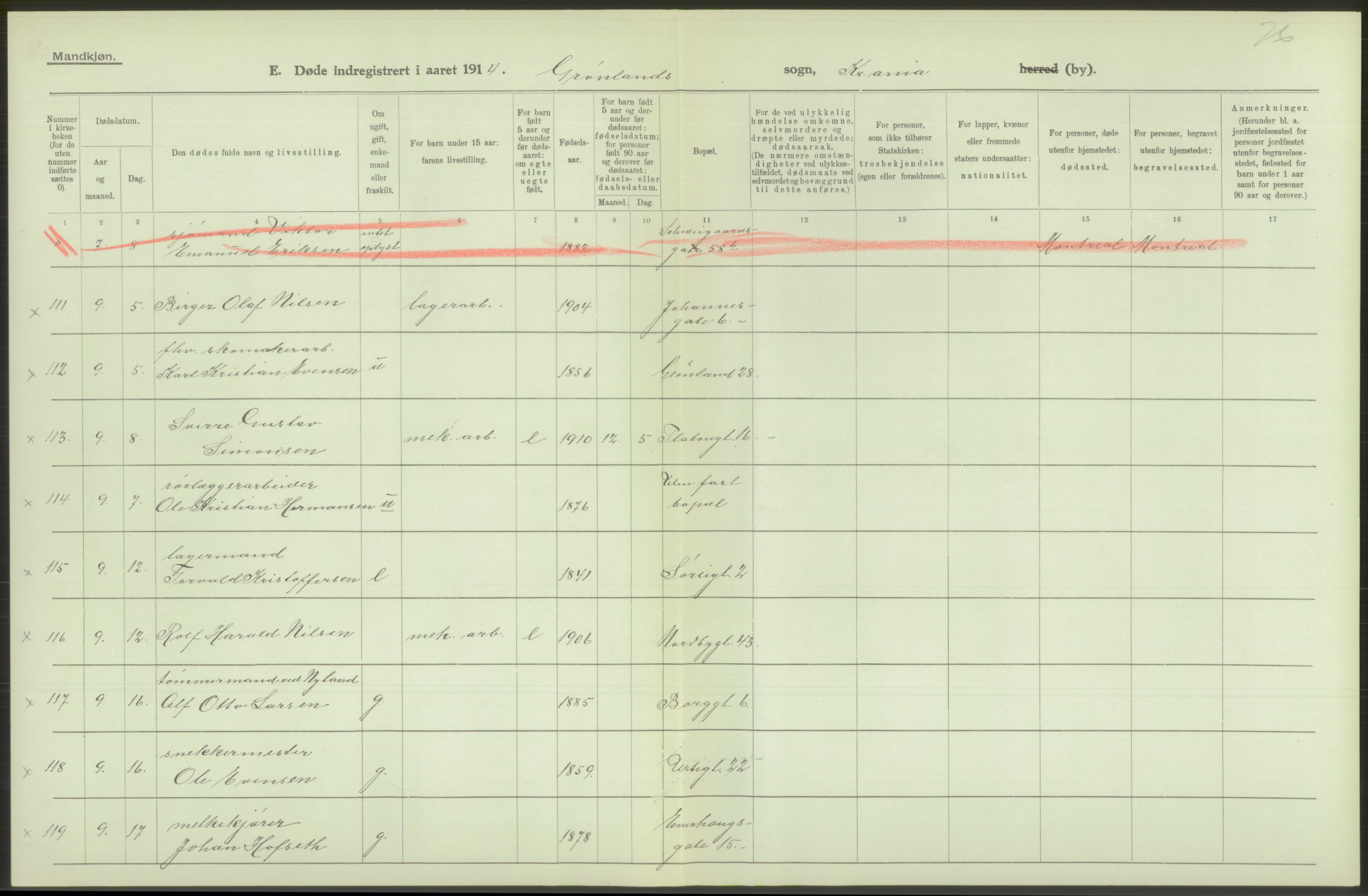 Statistisk sentralbyrå, Sosiodemografiske emner, Befolkning, AV/RA-S-2228/D/Df/Dfb/Dfbd/L0008: Kristiania: Døde, 1914, p. 488