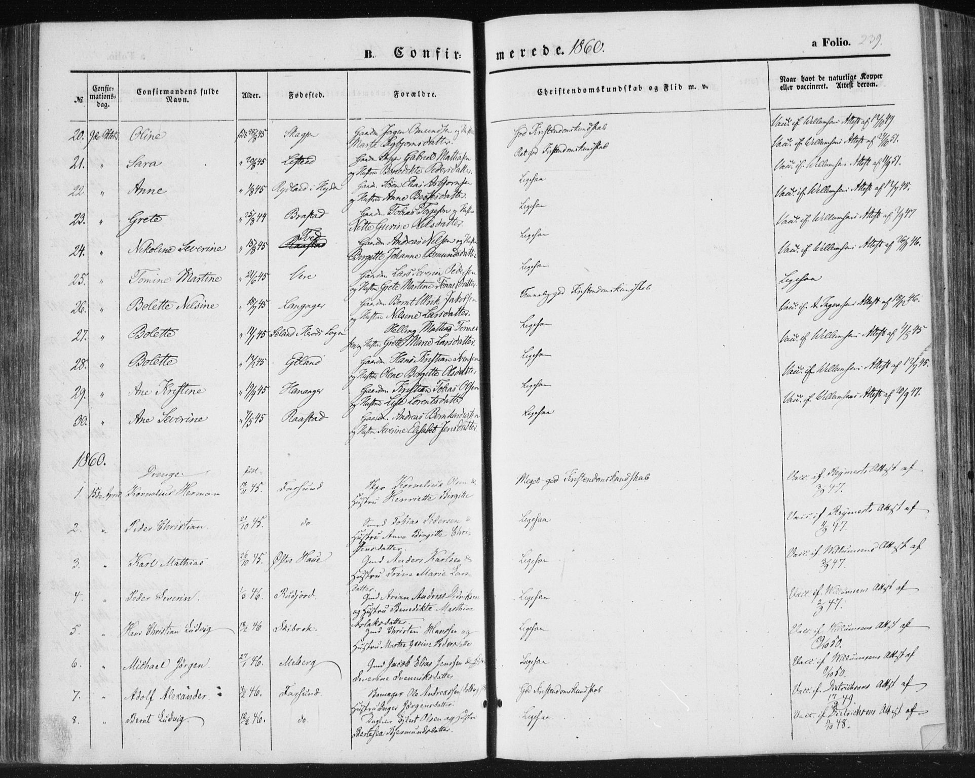 Lista sokneprestkontor, SAK/1111-0027/F/Fa/L0010: Parish register (official) no. A 10, 1846-1861, p. 239