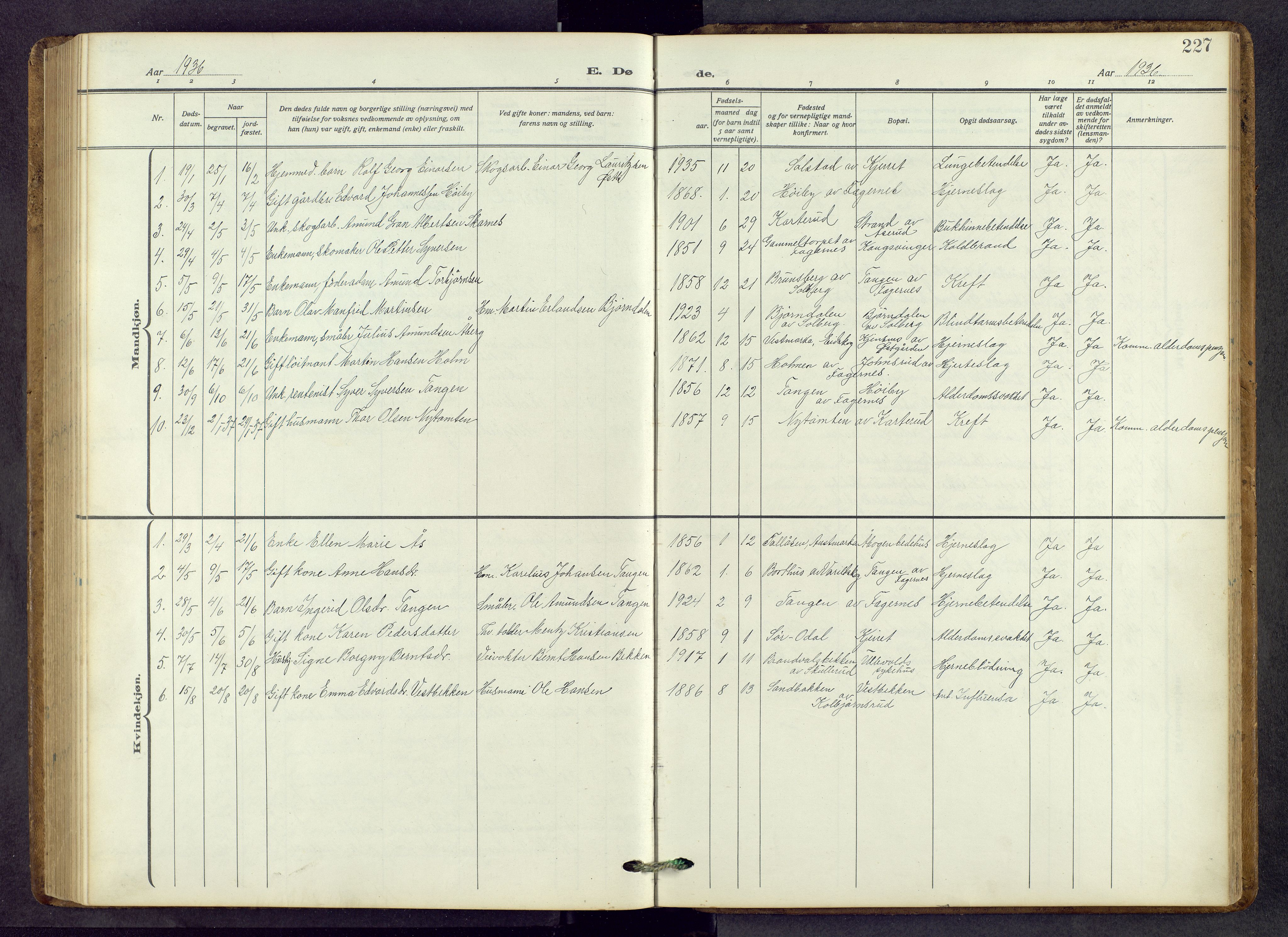 Vinger prestekontor, AV/SAH-PREST-024/H/Ha/Hab/L0006: Parish register (copy) no. 6, 1921-1973, p. 227