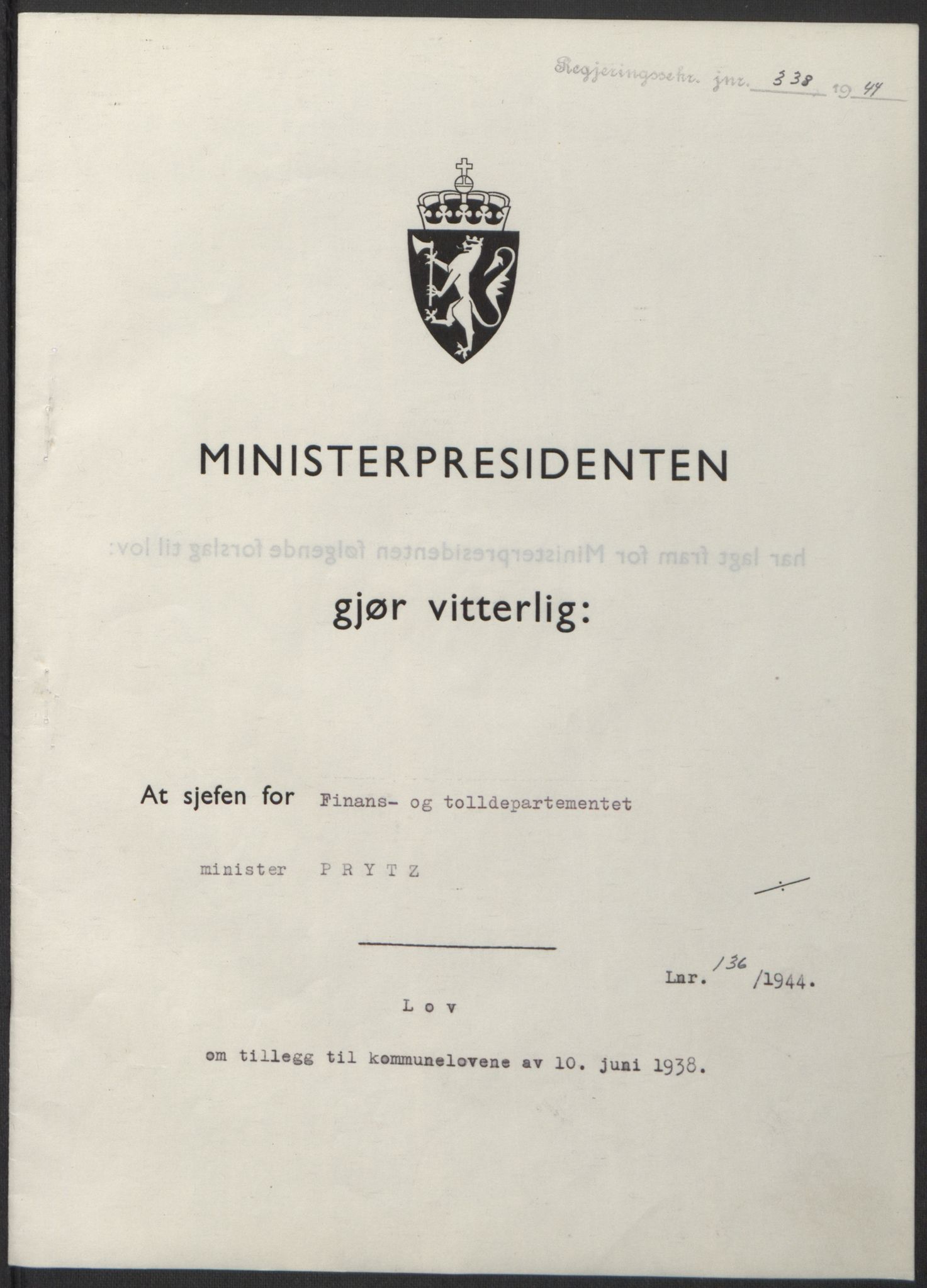 NS-administrasjonen 1940-1945 (Statsrådsekretariatet, de kommisariske statsråder mm), RA/S-4279/D/Db/L0100: Lover, 1944, p. 655