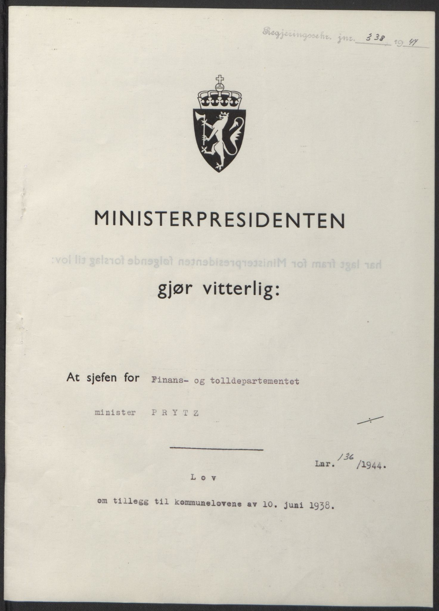 NS-administrasjonen 1940-1945 (Statsrådsekretariatet, de kommisariske statsråder mm), AV/RA-S-4279/D/Db/L0100: Lover, 1944, p. 655