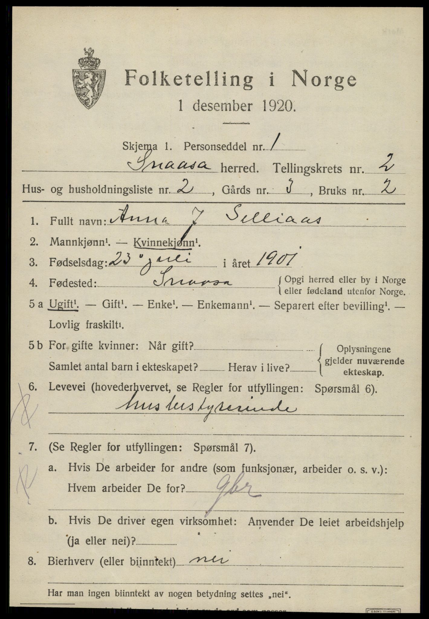 SAT, 1920 census for Snåsa, 1920, p. 1198