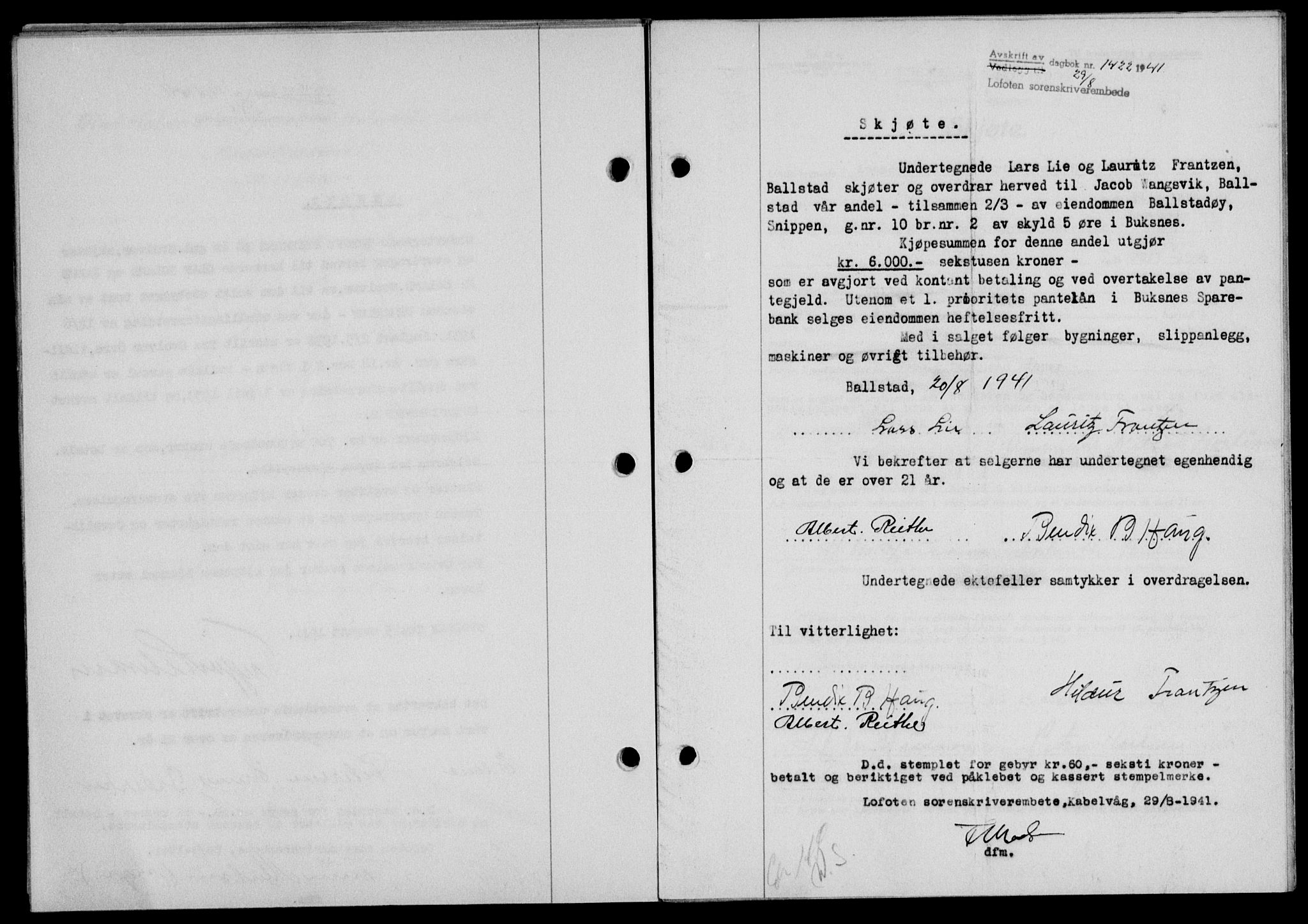 Lofoten sorenskriveri, SAT/A-0017/1/2/2C/L0008a: Mortgage book no. 8a, 1940-1941, Diary no: : 1422/1941
