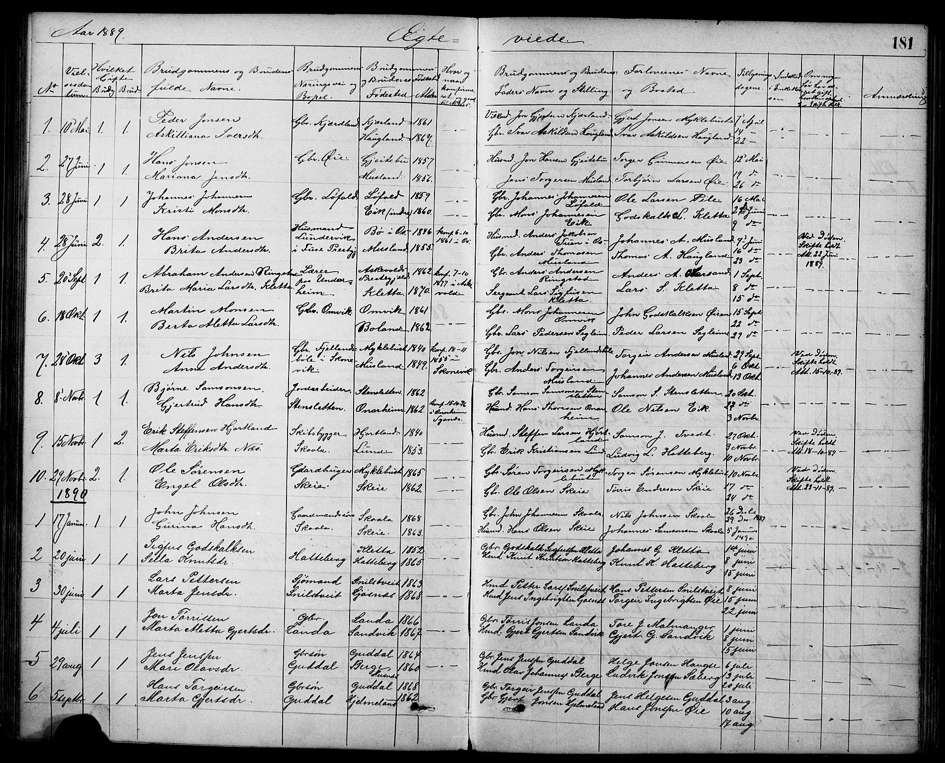 Kvinnherad sokneprestembete, AV/SAB-A-76401/H/Hab: Parish register (copy) no. A 2, 1873-1900, p. 181
