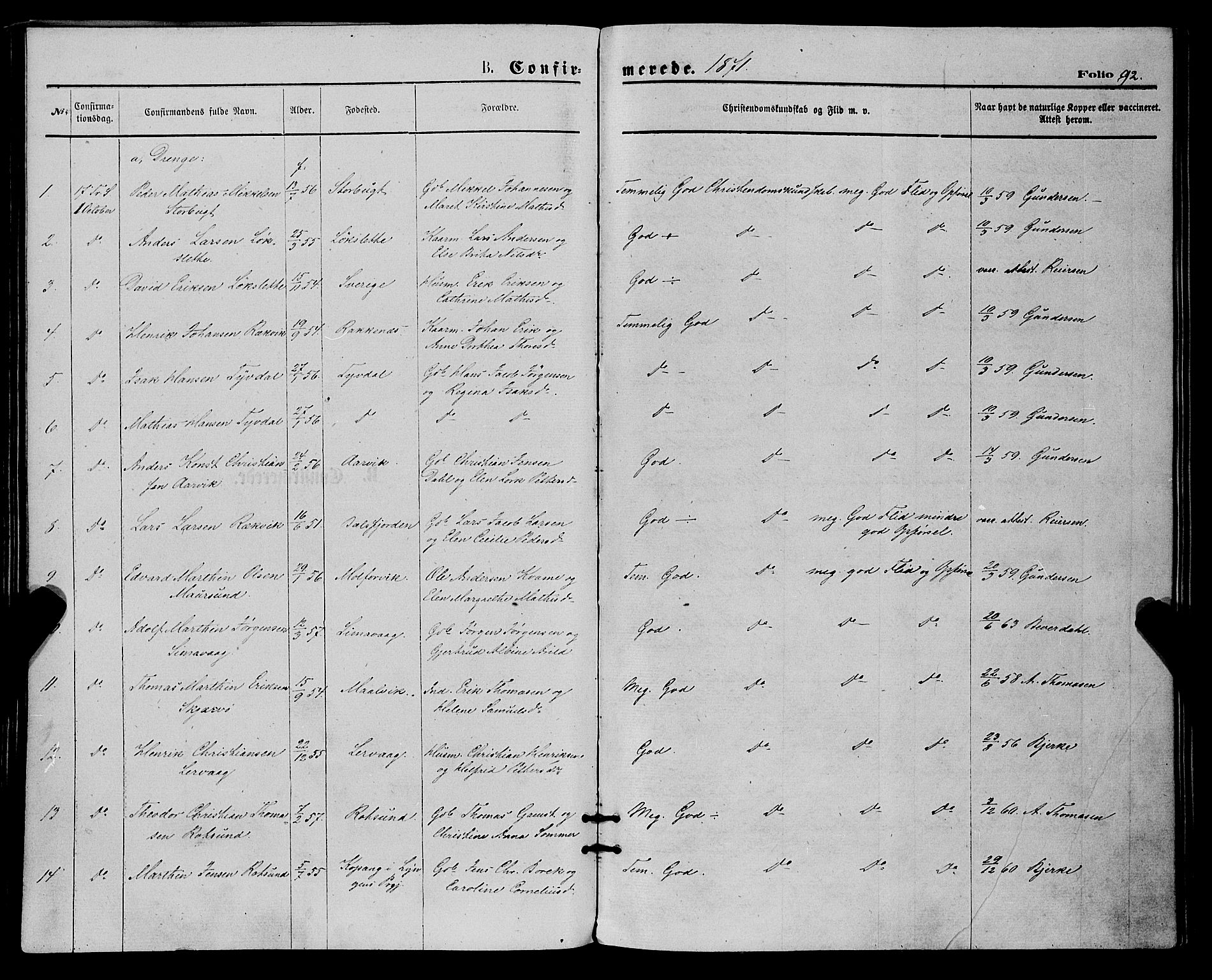 Skjervøy sokneprestkontor, SATØ/S-1300/H/Ha/Haa/L0008kirke: Parish register (official) no. 8, 1871-1877, p. 92