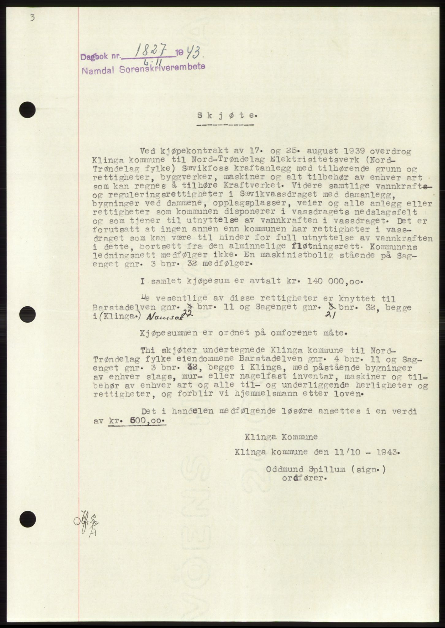 Namdal sorenskriveri, AV/SAT-A-4133/1/2/2C: Mortgage book no. -, 1943-1944, Diary no: : 1827/1943
