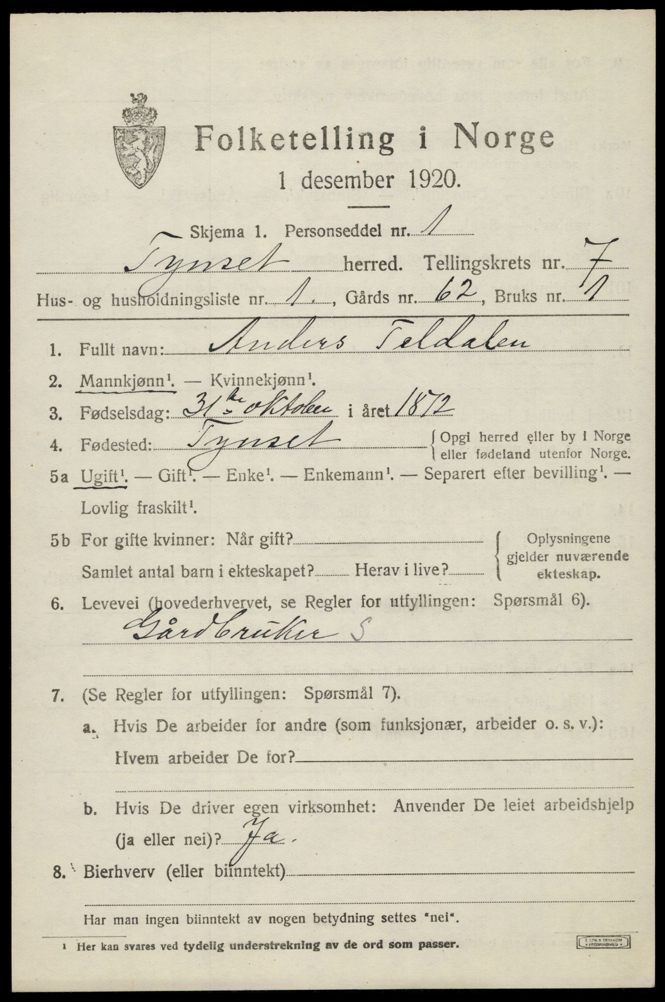 SAH, 1920 census for Tynset, 1920, p. 6172
