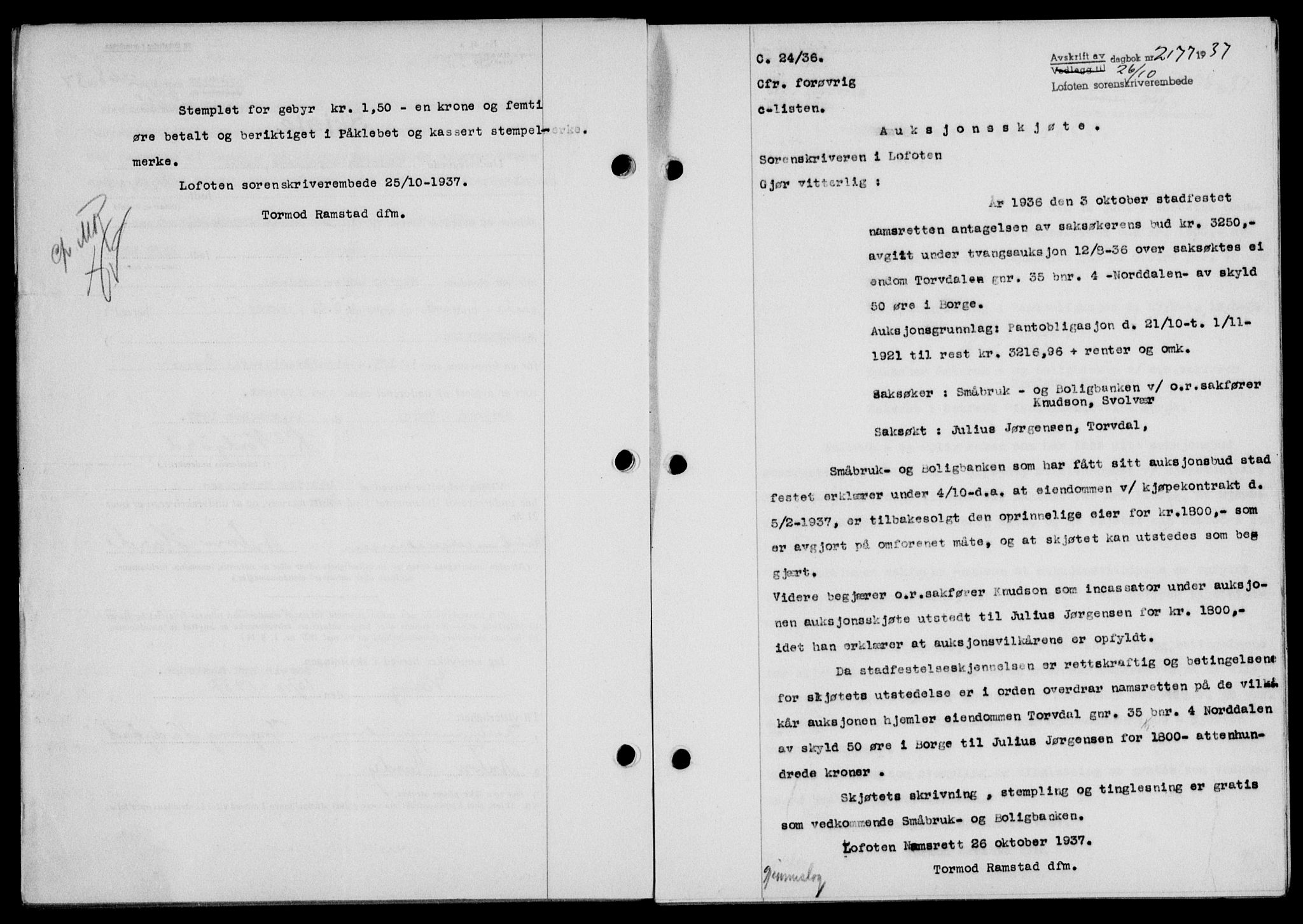Lofoten sorenskriveri, SAT/A-0017/1/2/2C/L0003a: Mortgage book no. 3a, 1937-1938, Diary no: : 2177/1937