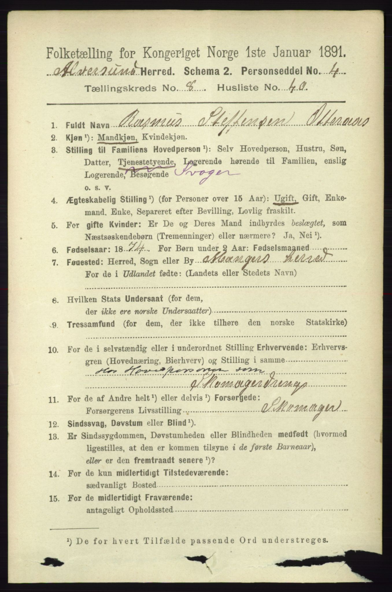 RA, 1891 census for 1257 Alversund, 1891, p. 3035