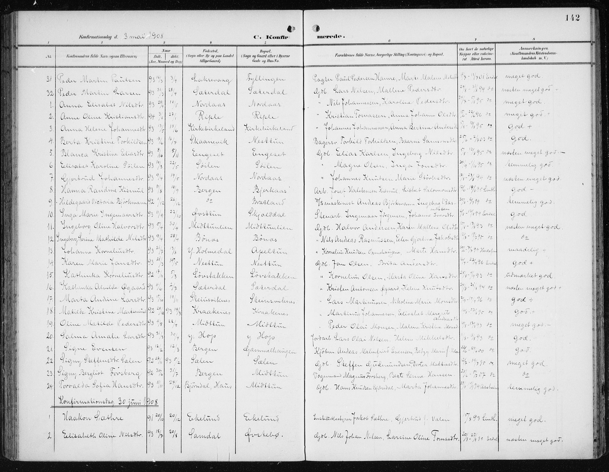 Fana Sokneprestembete, AV/SAB-A-75101/H/Haa/Haai/L0003: Parish register (official) no. I 3, 1900-1912, p. 142