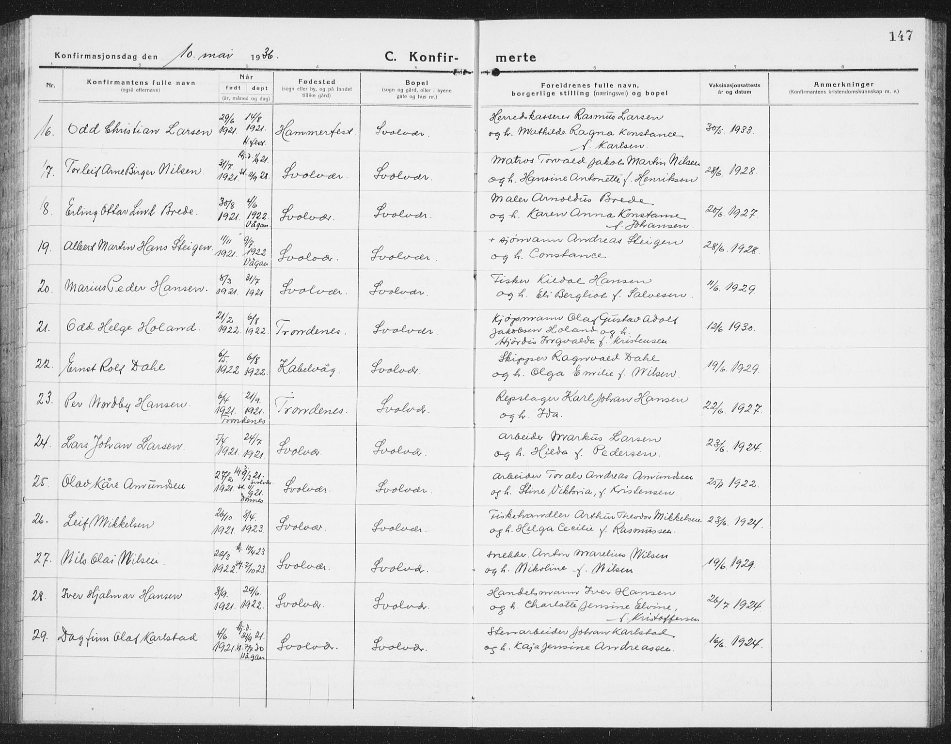 Ministerialprotokoller, klokkerbøker og fødselsregistre - Nordland, AV/SAT-A-1459/877/L1117: Parish register (copy) no. 877C01, 1923-1942, p. 147