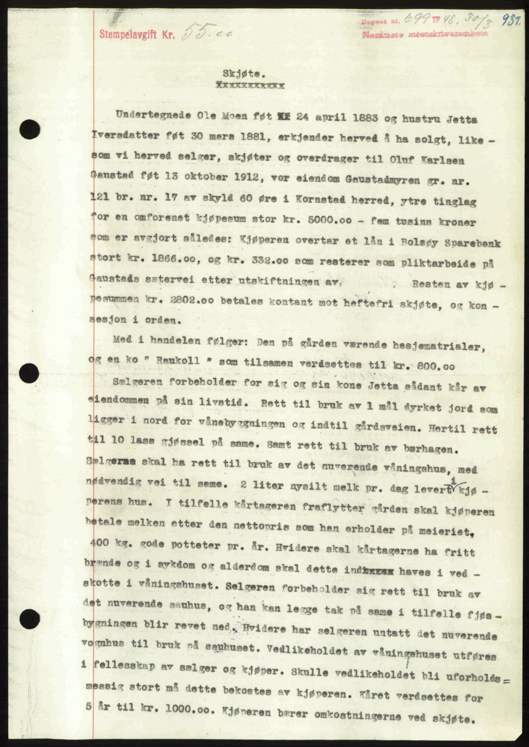 Nordmøre sorenskriveri, AV/SAT-A-4132/1/2/2Ca: Mortgage book no. A107, 1947-1948, Diary no: : 699/1948