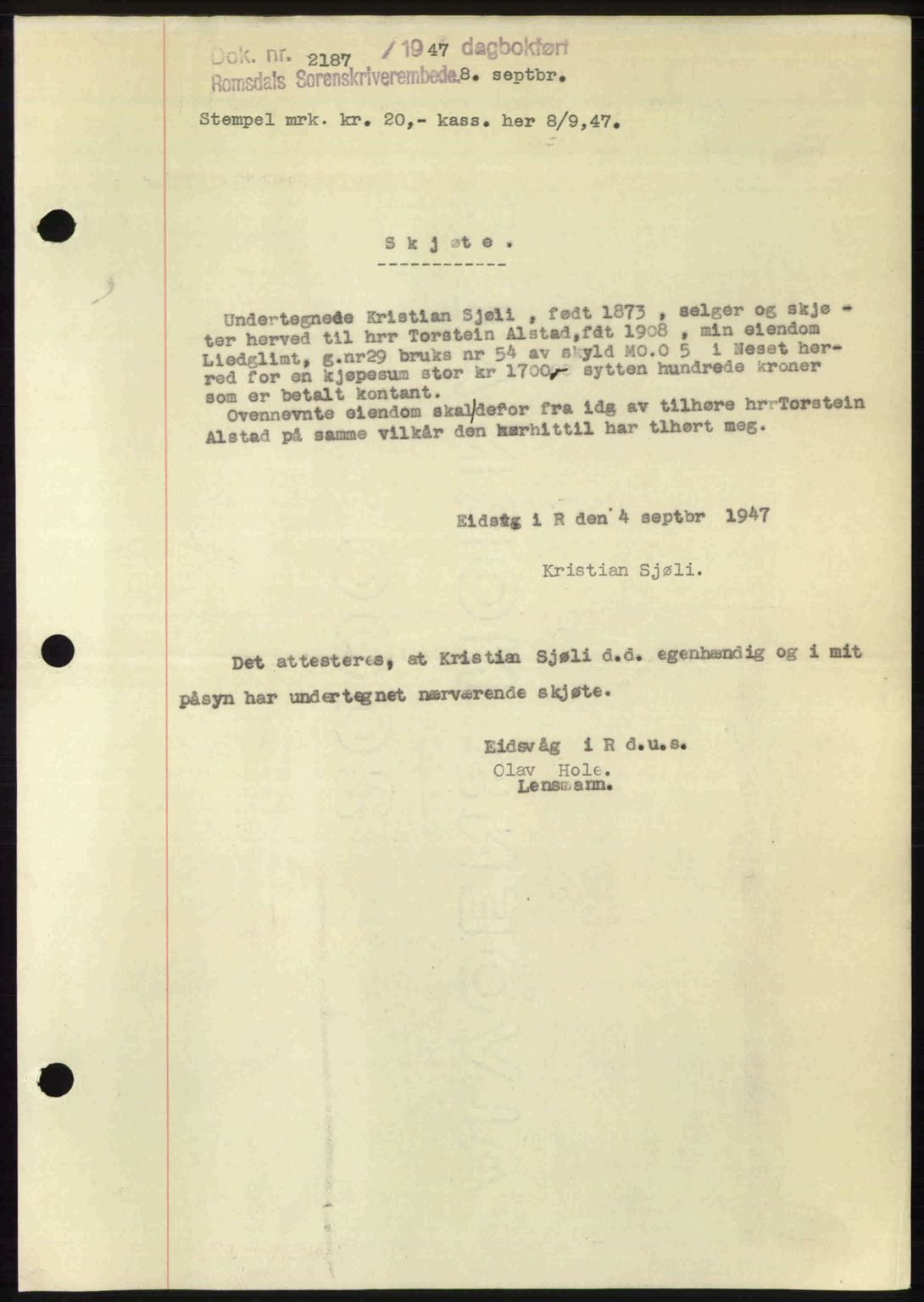 Romsdal sorenskriveri, SAT/A-4149/1/2/2C: Mortgage book no. A24, 1947-1947, Diary no: : 2187/1947