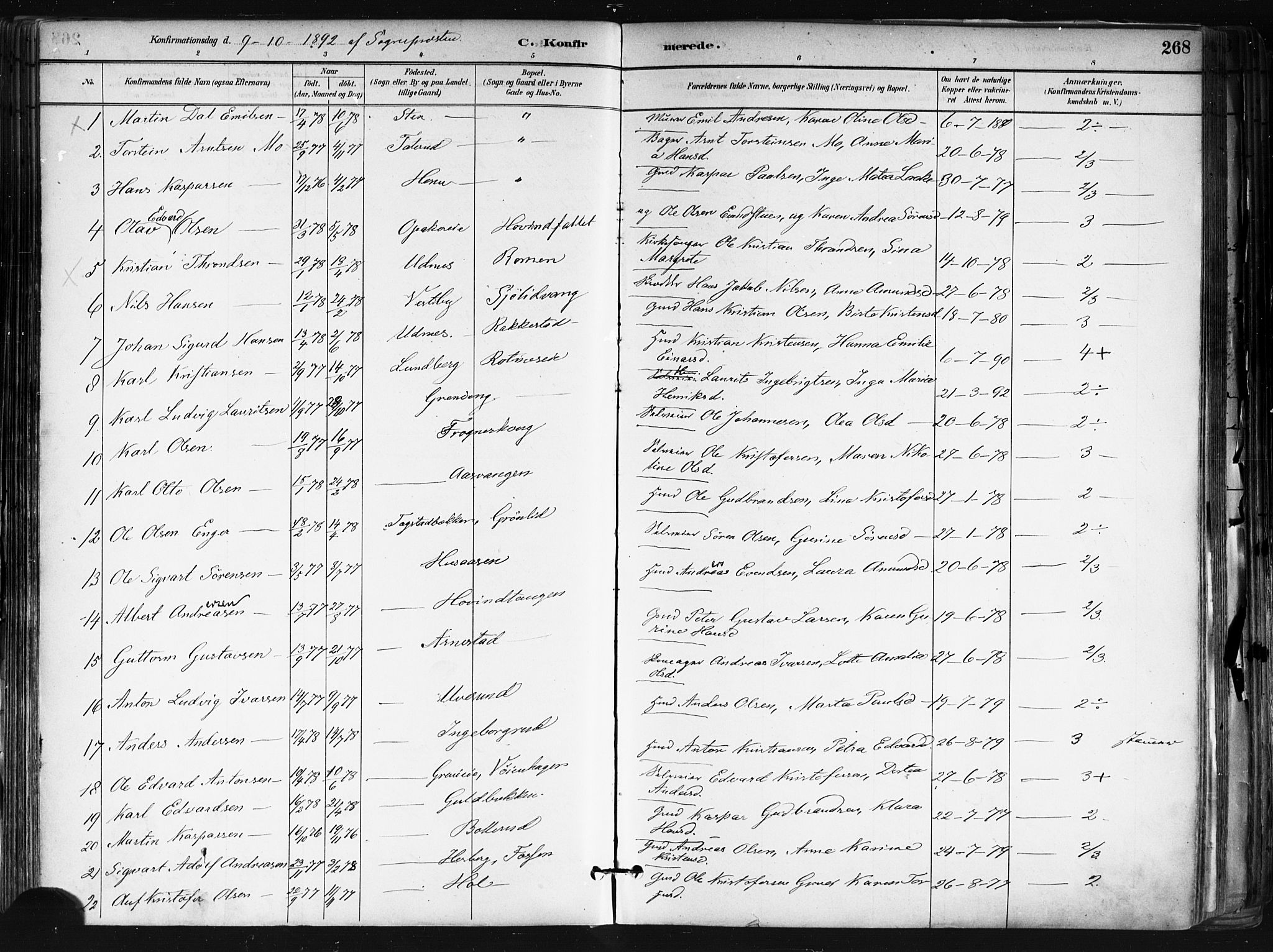 Nes prestekontor Kirkebøker, AV/SAO-A-10410/F/Fa/L0010: Parish register (official) no. I 10, 1883-1898, p. 268