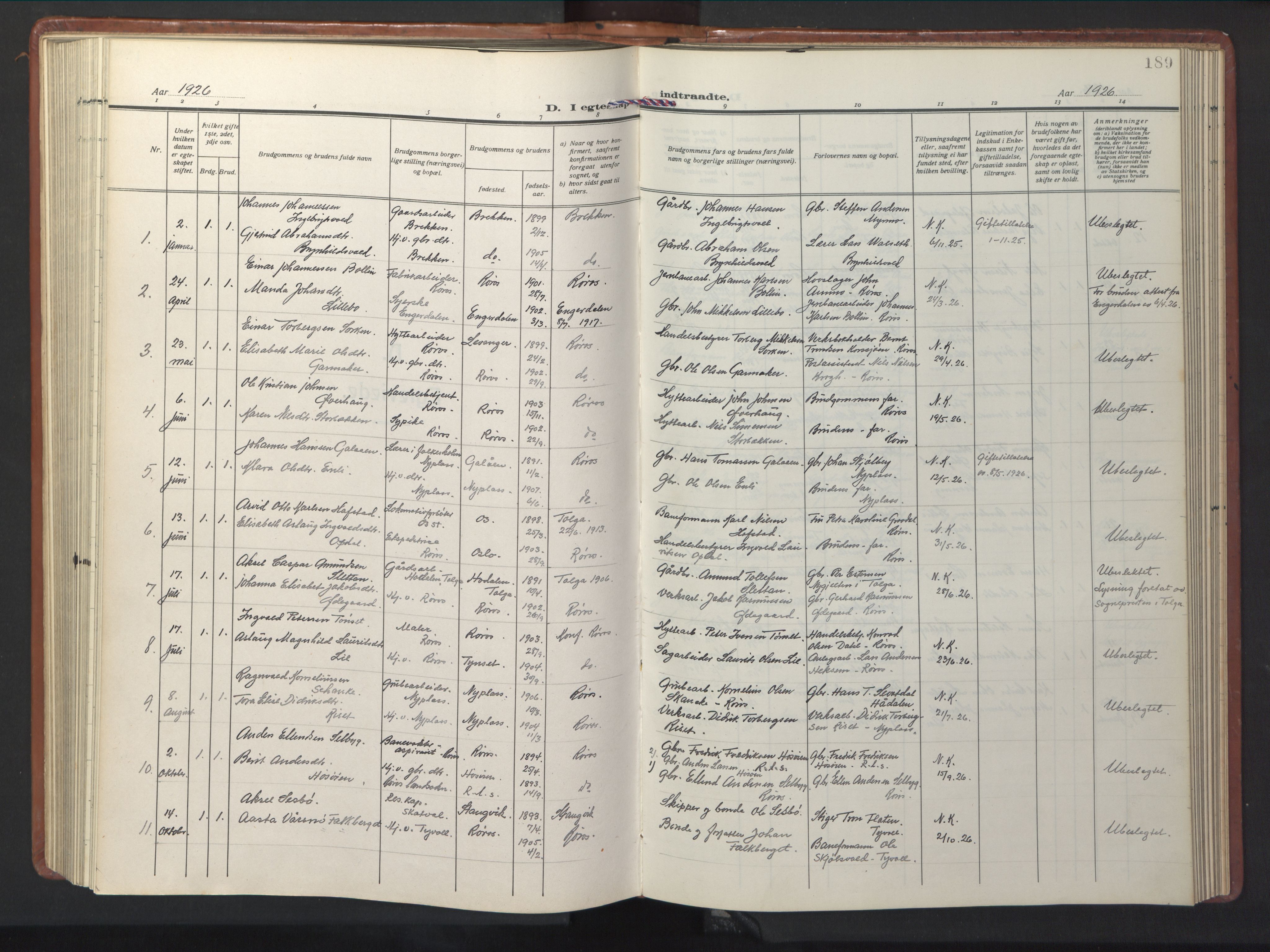 Ministerialprotokoller, klokkerbøker og fødselsregistre - Sør-Trøndelag, SAT/A-1456/681/L0943: Parish register (copy) no. 681C07, 1926-1954, p. 189