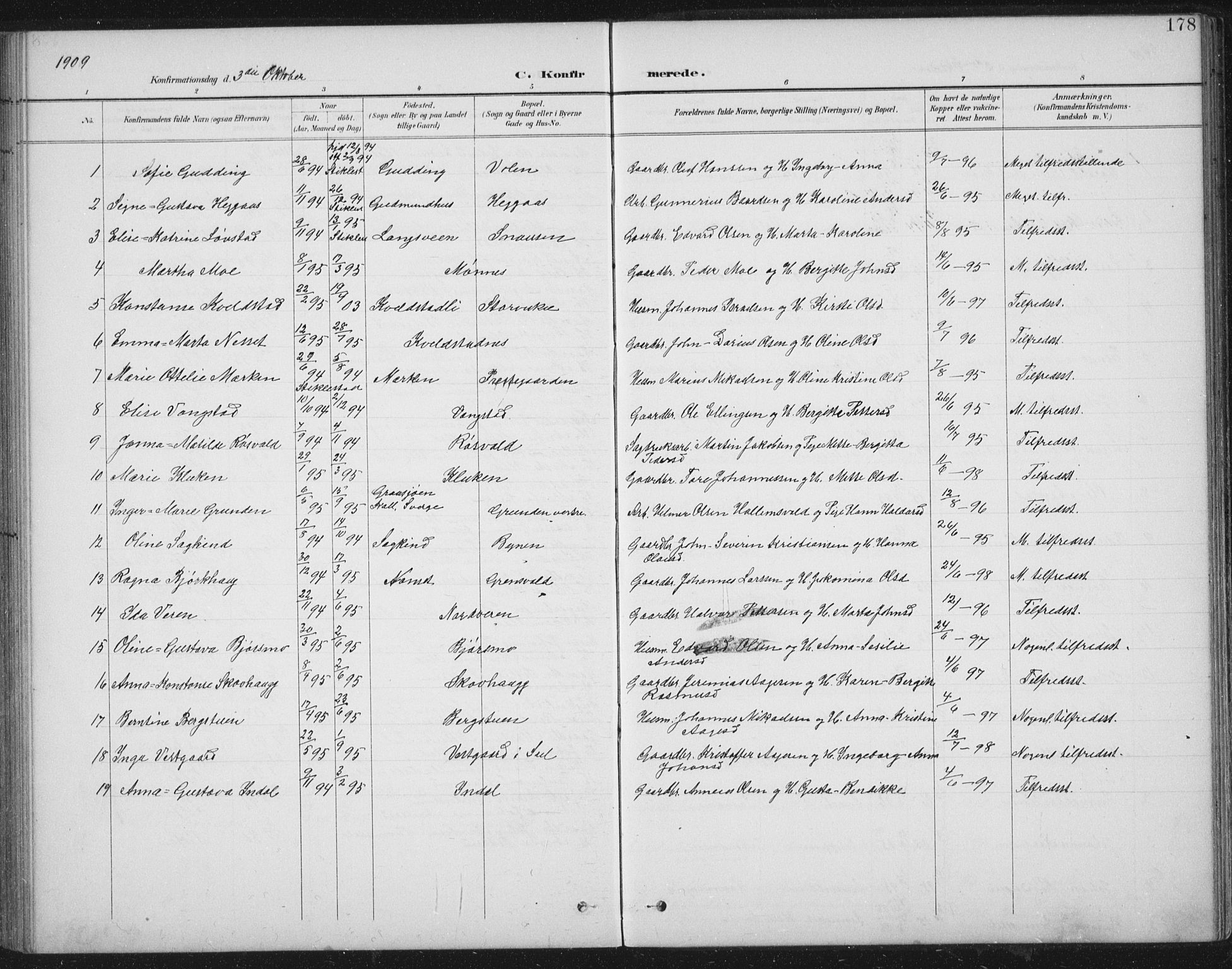 Ministerialprotokoller, klokkerbøker og fødselsregistre - Nord-Trøndelag, SAT/A-1458/724/L0269: Parish register (copy) no. 724C05, 1899-1920, p. 178