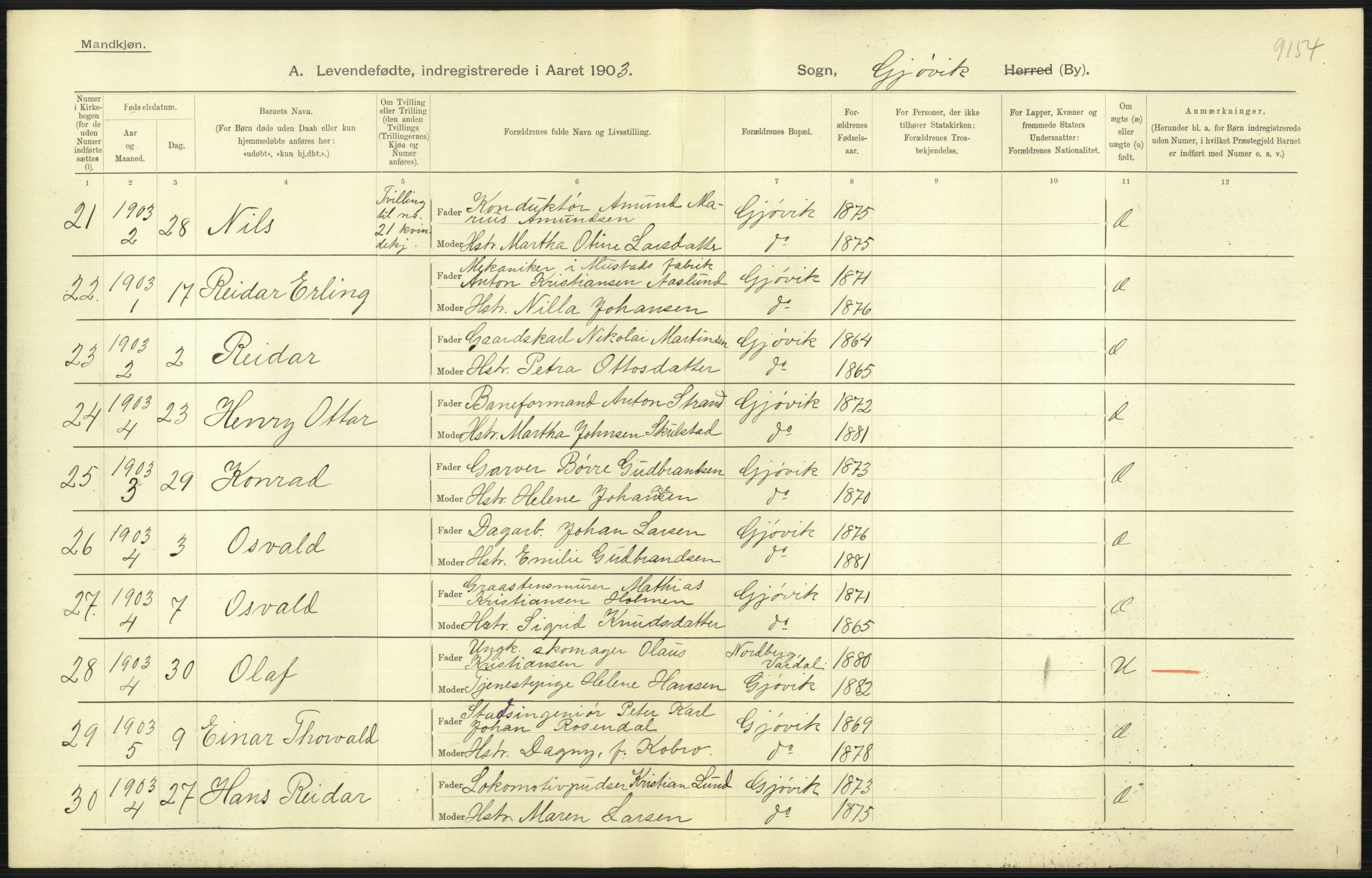 Statistisk sentralbyrå, Sosiodemografiske emner, Befolkning, AV/RA-S-2228/D/Df/Dfa/Dfaa/L0006: Kristians amt: Fødte, gifte, døde, 1903, p. 395