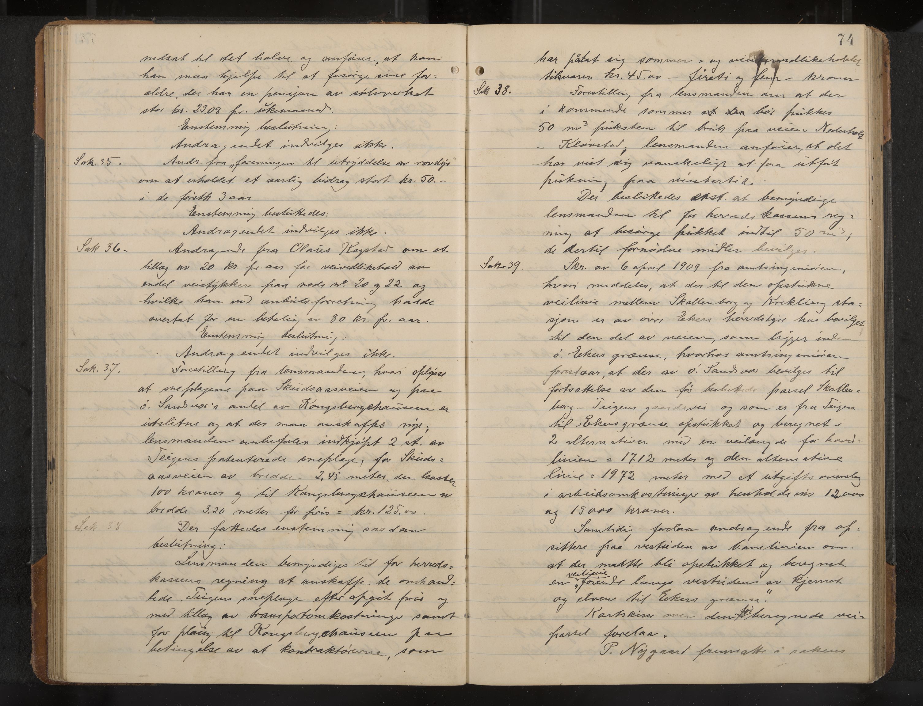 Øvre Sandsvær formannskap og sentraladministrasjon, IKAK/0630021/A/L0001: Møtebok med register, 1908-1913, p. 74