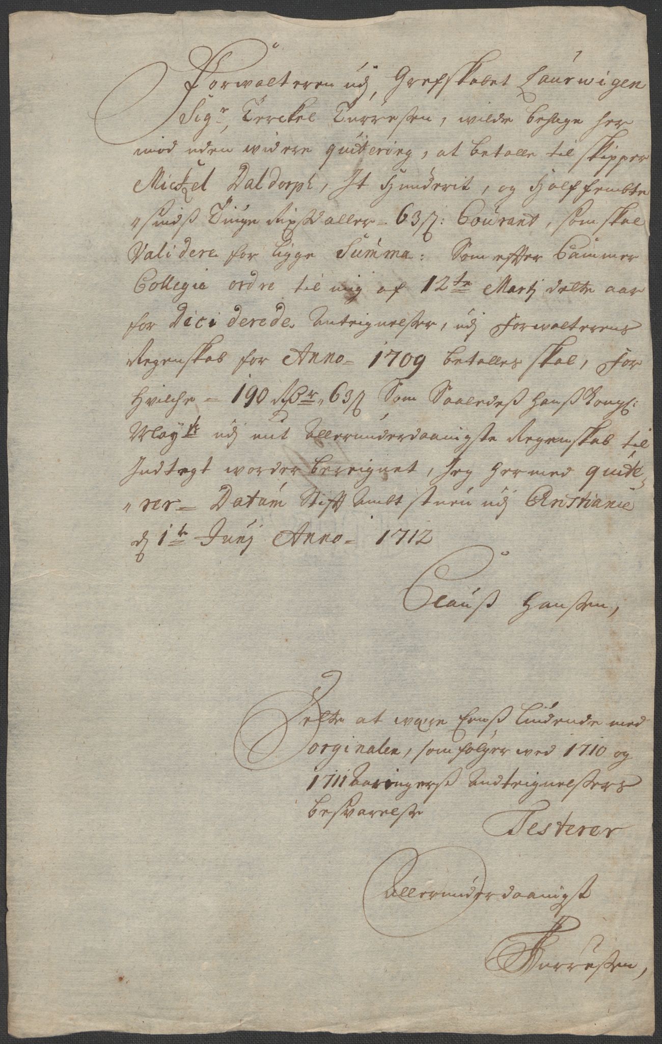 Rentekammeret inntil 1814, Reviderte regnskaper, Fogderegnskap, AV/RA-EA-4092/R33/L1984: Fogderegnskap Larvik grevskap, 1712, p. 237
