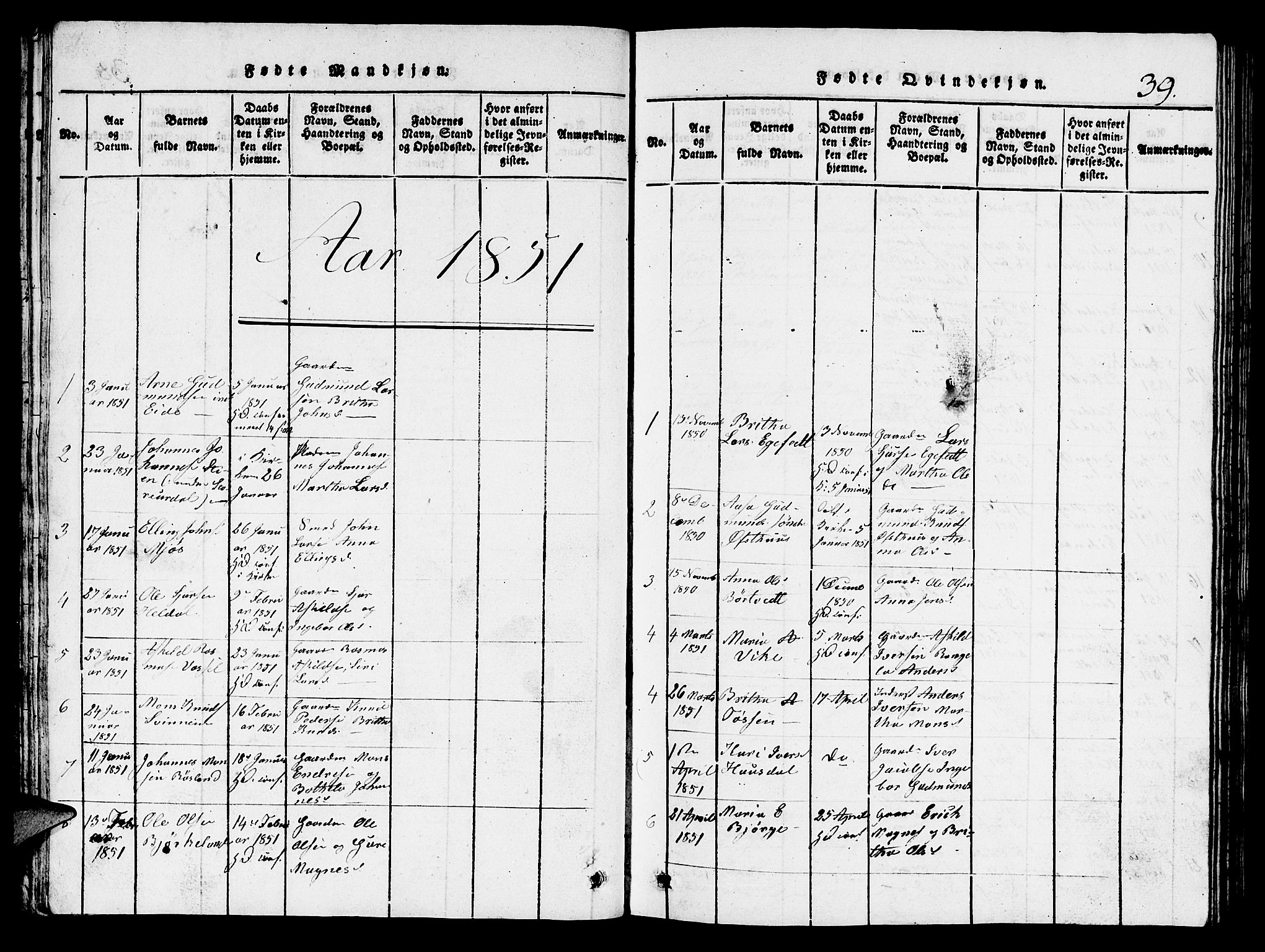 Hosanger sokneprestembete, SAB/A-75801/H/Hab: Parish register (copy) no. A 1 /1, 1816-1856, p. 39