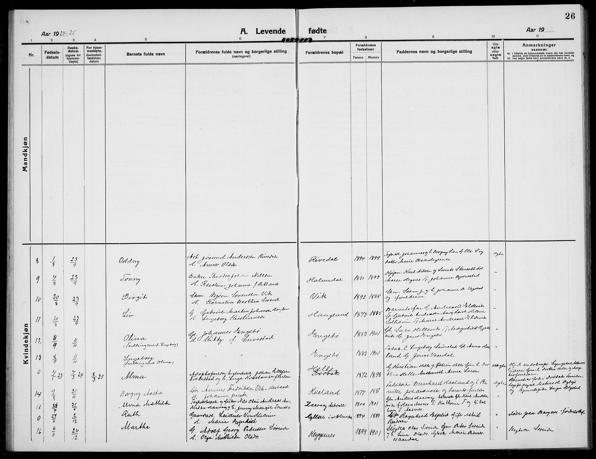 Fjaler sokneprestembete, AV/SAB-A-79801/H/Hab/Habb/L0003: Parish register (copy) no. B 3, 1913-1940, p. 26