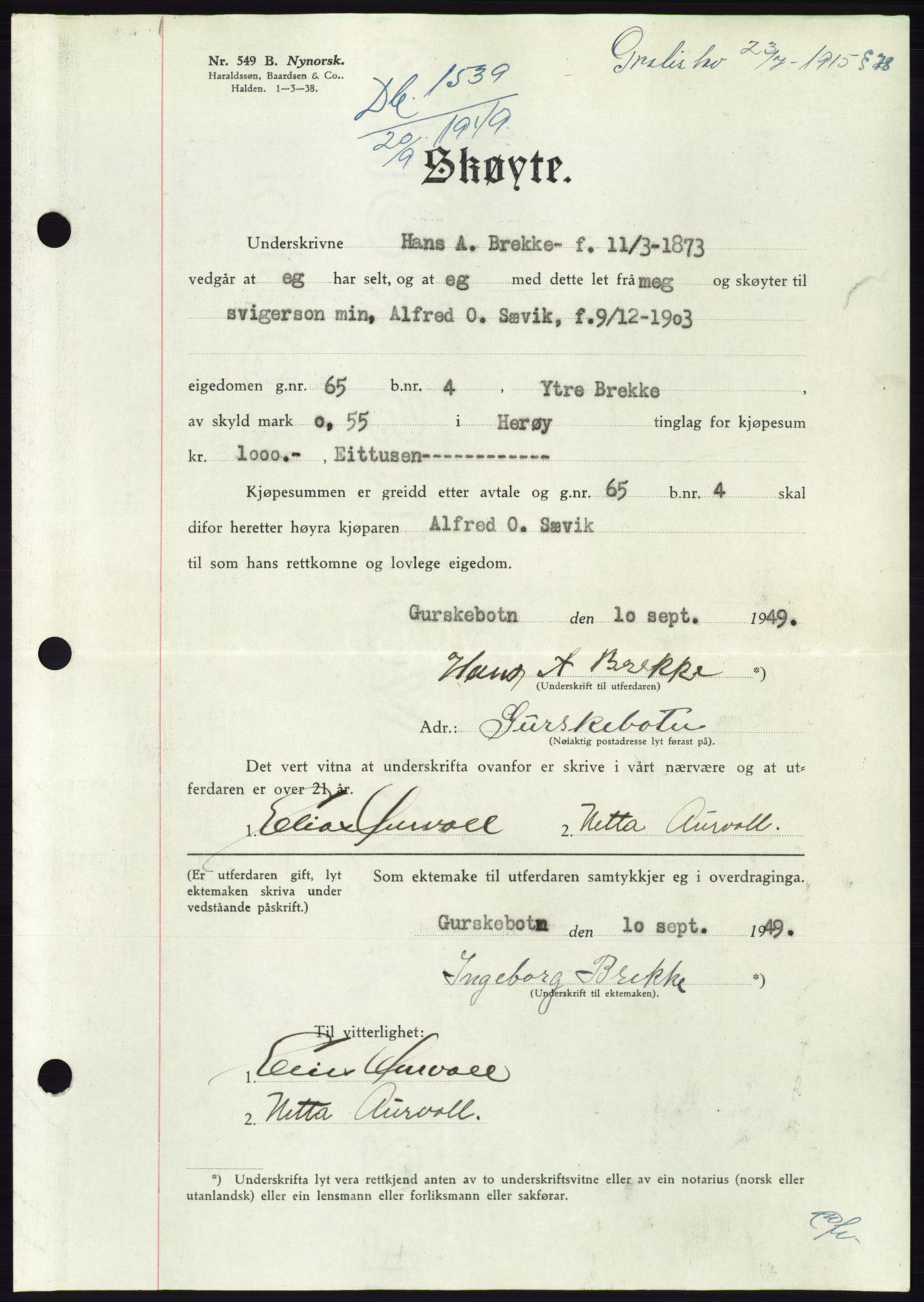 Søre Sunnmøre sorenskriveri, AV/SAT-A-4122/1/2/2C/L0085: Mortgage book no. 11A, 1949-1949, Diary no: : 1539/1949