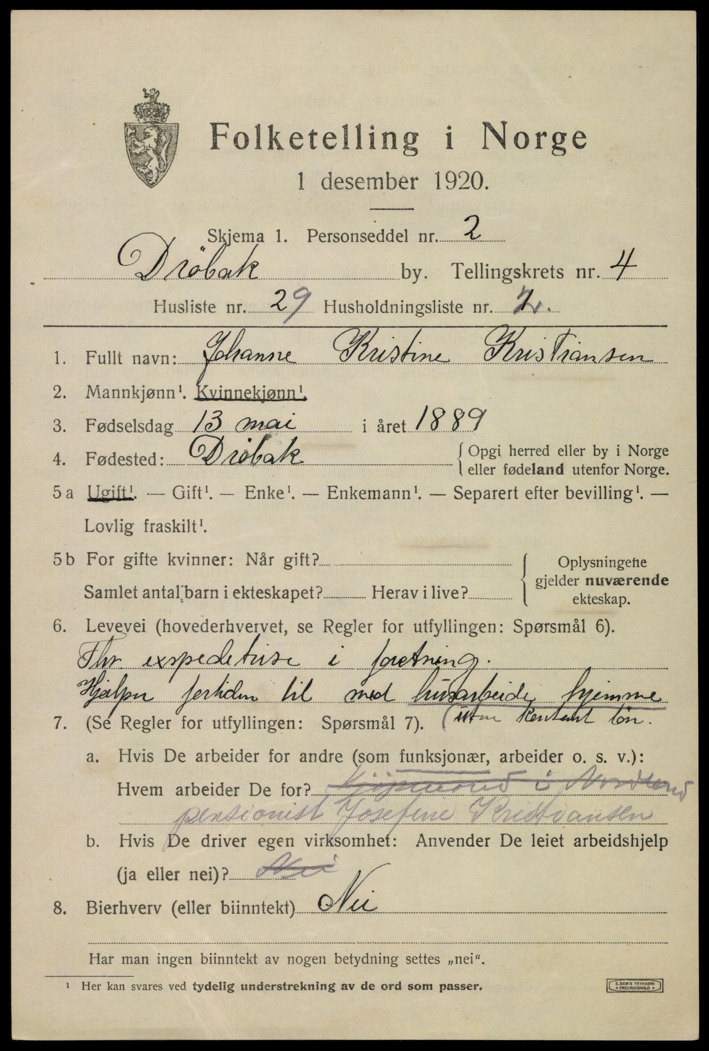 SAO, 1920 census for Drøbak, 1920, p. 4405