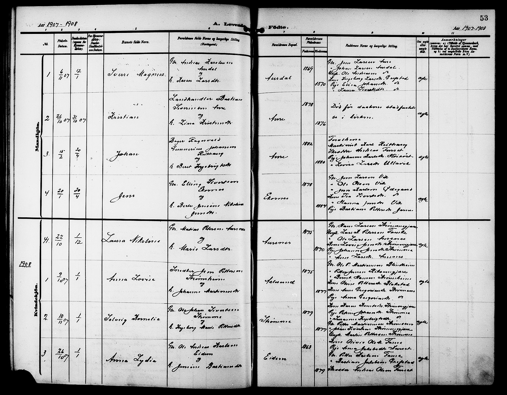 Ministerialprotokoller, klokkerbøker og fødselsregistre - Møre og Romsdal, SAT/A-1454/523/L0341: Parish register (copy) no. 523C04, 1903-1916, p. 53