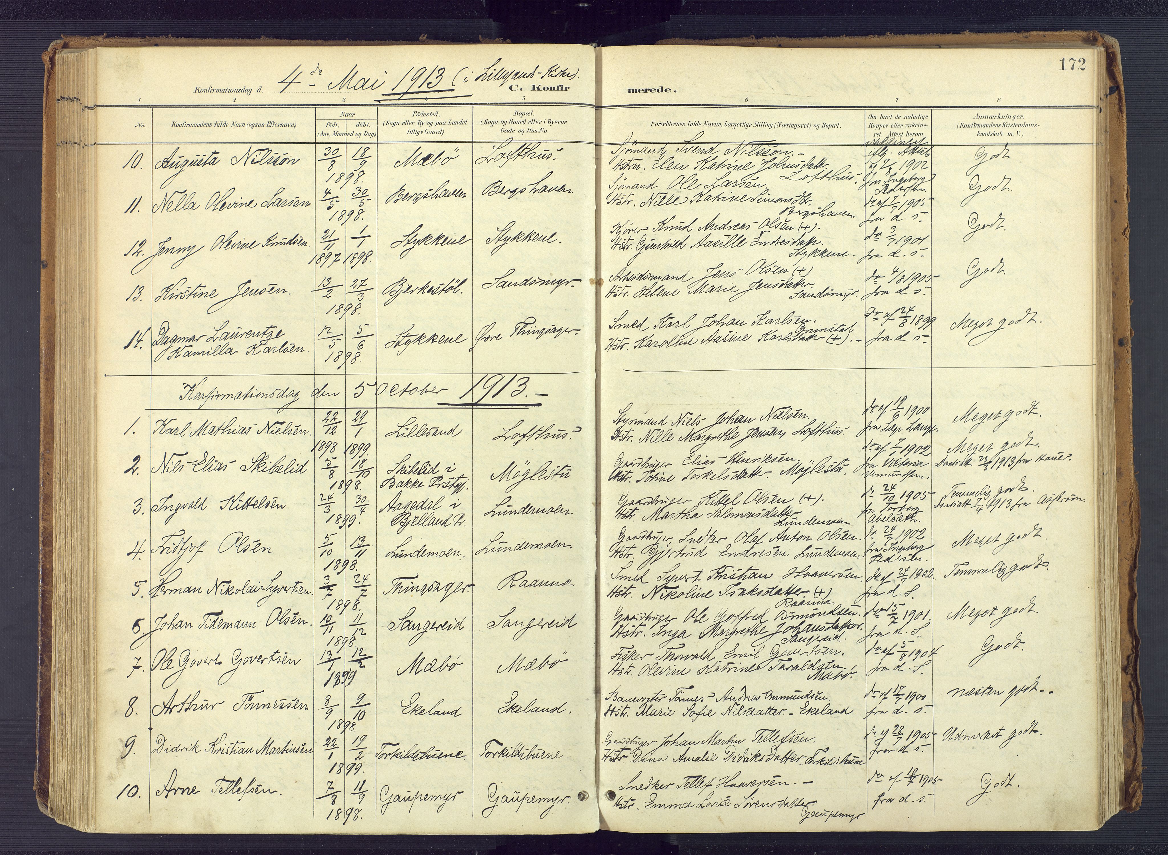 Vestre Moland sokneprestkontor, SAK/1111-0046/F/Fa/Fab/L0010: Parish register (official) no. A 10, 1900-1926, p. 172