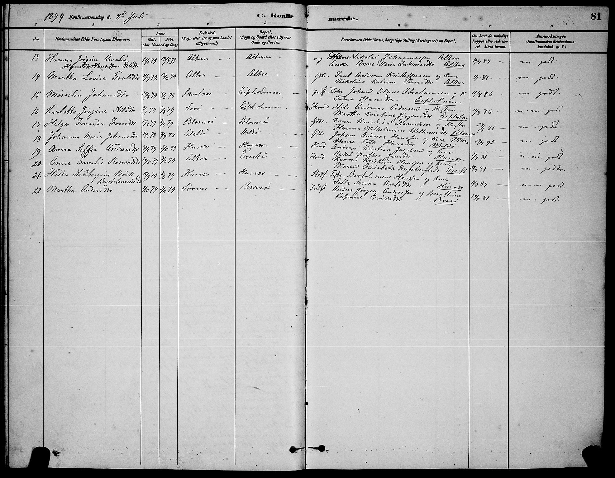 Ministerialprotokoller, klokkerbøker og fødselsregistre - Nordland, SAT/A-1459/830/L0462: Parish register (copy) no. 830C04, 1882-1895, p. 81