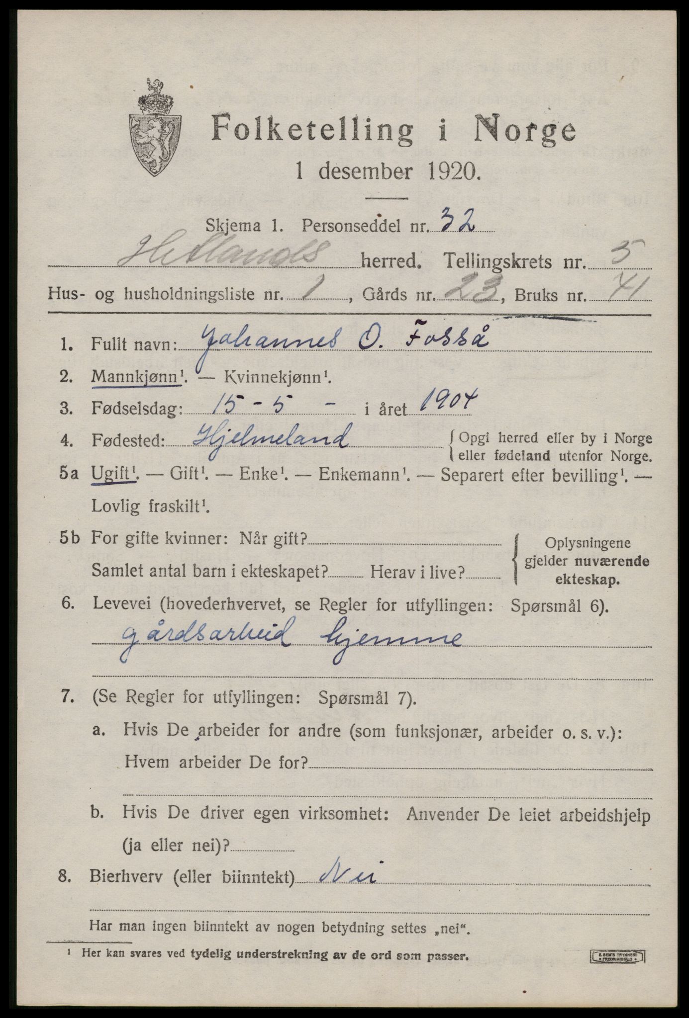 SAST, 1920 census for Hetland, 1920, p. 8213