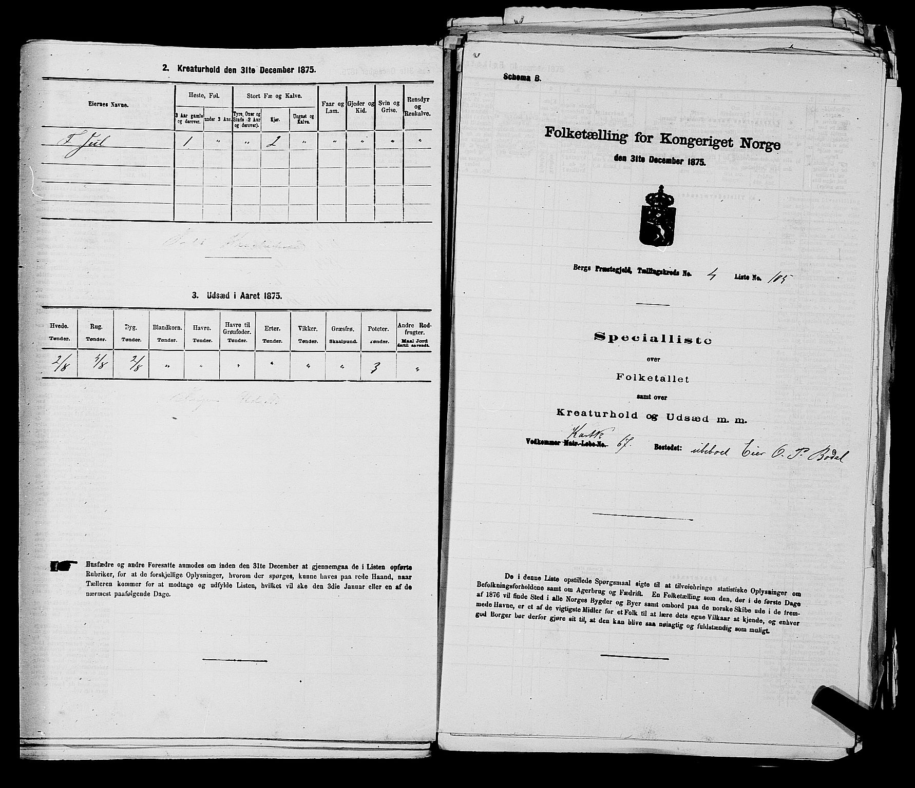 RA, 1875 census for 0116P Berg, 1875, p. 525