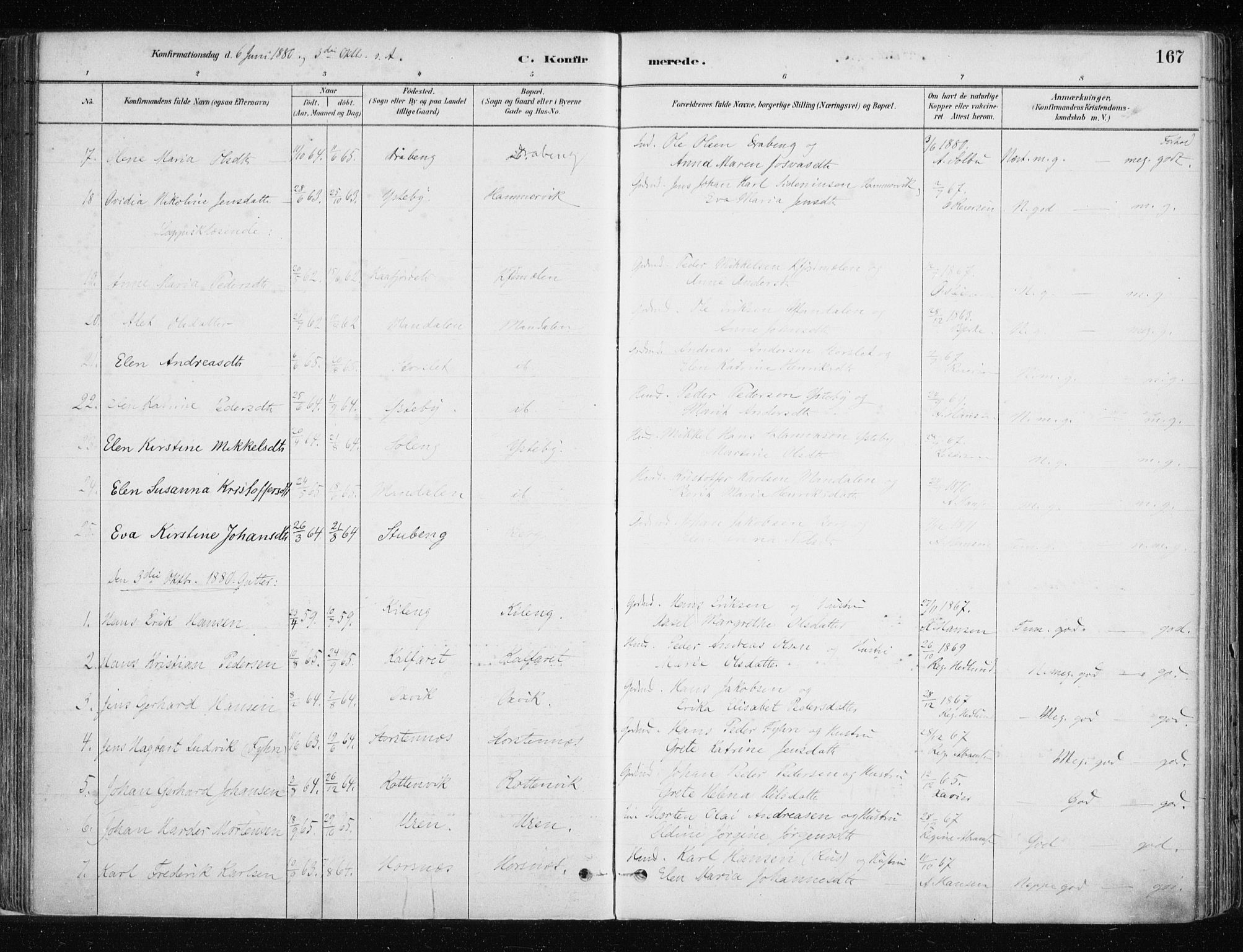 Lyngen sokneprestembete, AV/SATØ-S-1289/H/He/Hea/L0007kirke: Parish register (official) no. 7, 1879-1890, p. 167